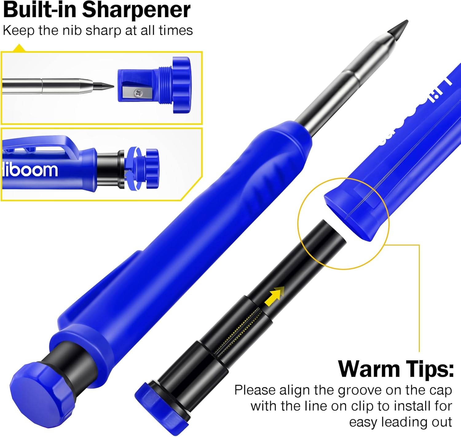 Hiboom 2 Pack Solid Carpenter Pencil with 14 1 Count (Pack of 1), Black, Blue