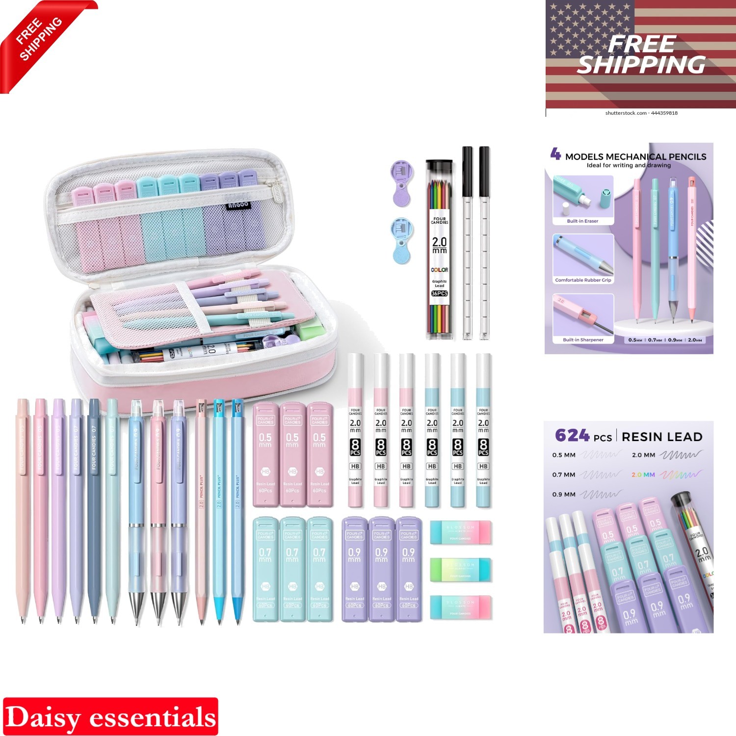 36PCS Mechanical Pencil Set with Lead Refills Pink 0.5mm-2.0mm School Supplie…