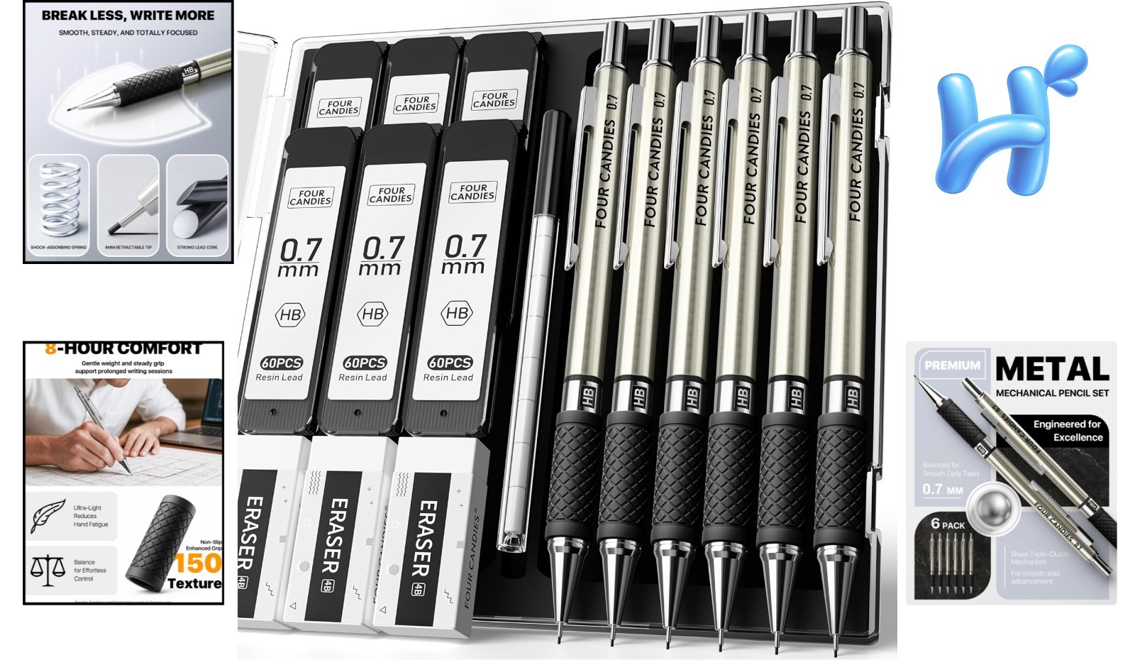 Complete 6-Pack Mechanical Pencil Set – 0.7mm & 360 HB Leads for Professionals