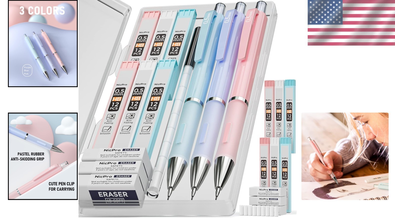 Cute Pastel Mechanical Pencils 0.5mm with Erasers & Storage Case – 22 Count