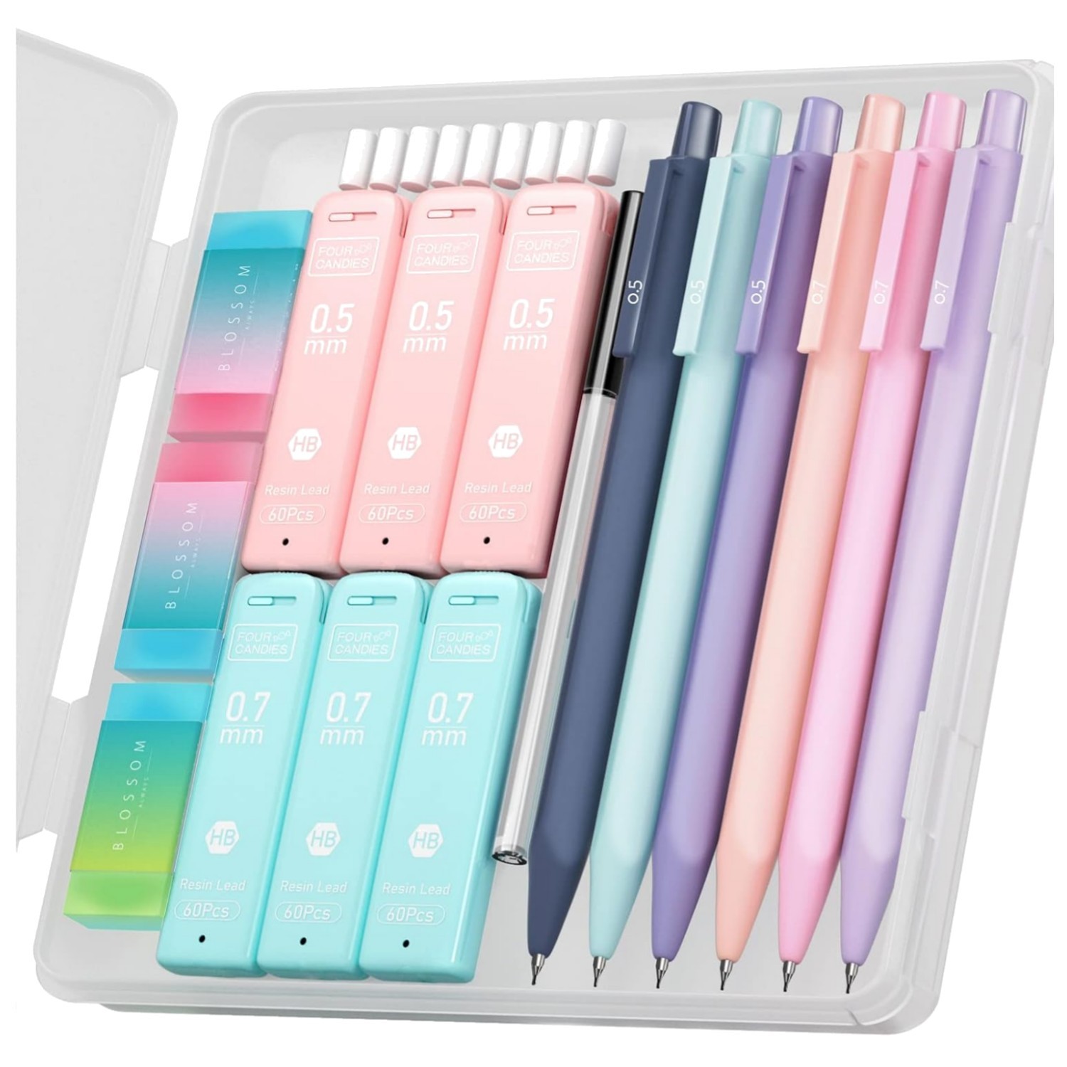 Trendy 6-Pack Pastel Mechanical Pencils: 0.5 & 0.7mm with Erasers & Storage Case
