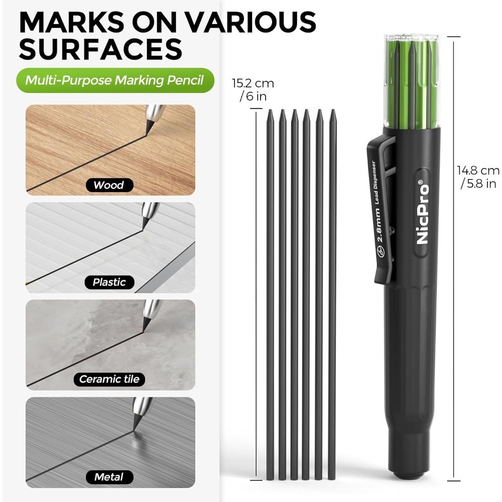 6 Pcs 2.8mm Carpenter Pencil Lead Refills, Break Resistant Graphite Leads for