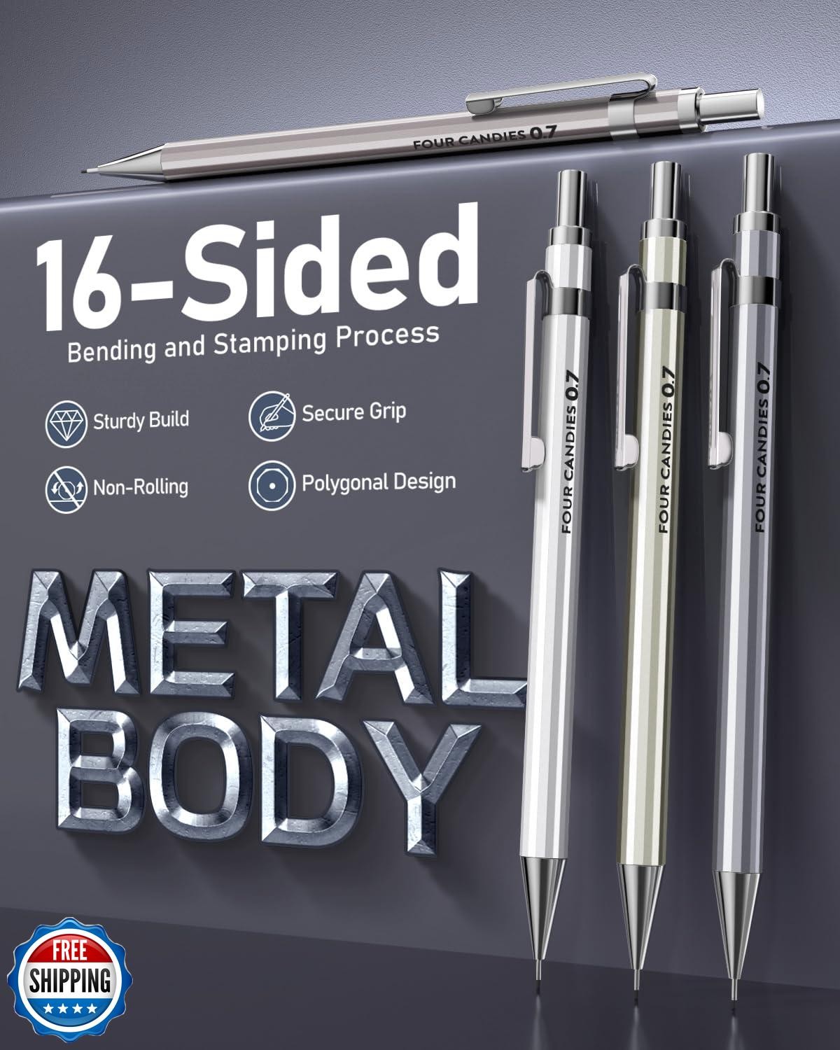 Four Candies 0.7mm Mechanical Pencil Set with Case – 4PCS Metal Mechanical Pe