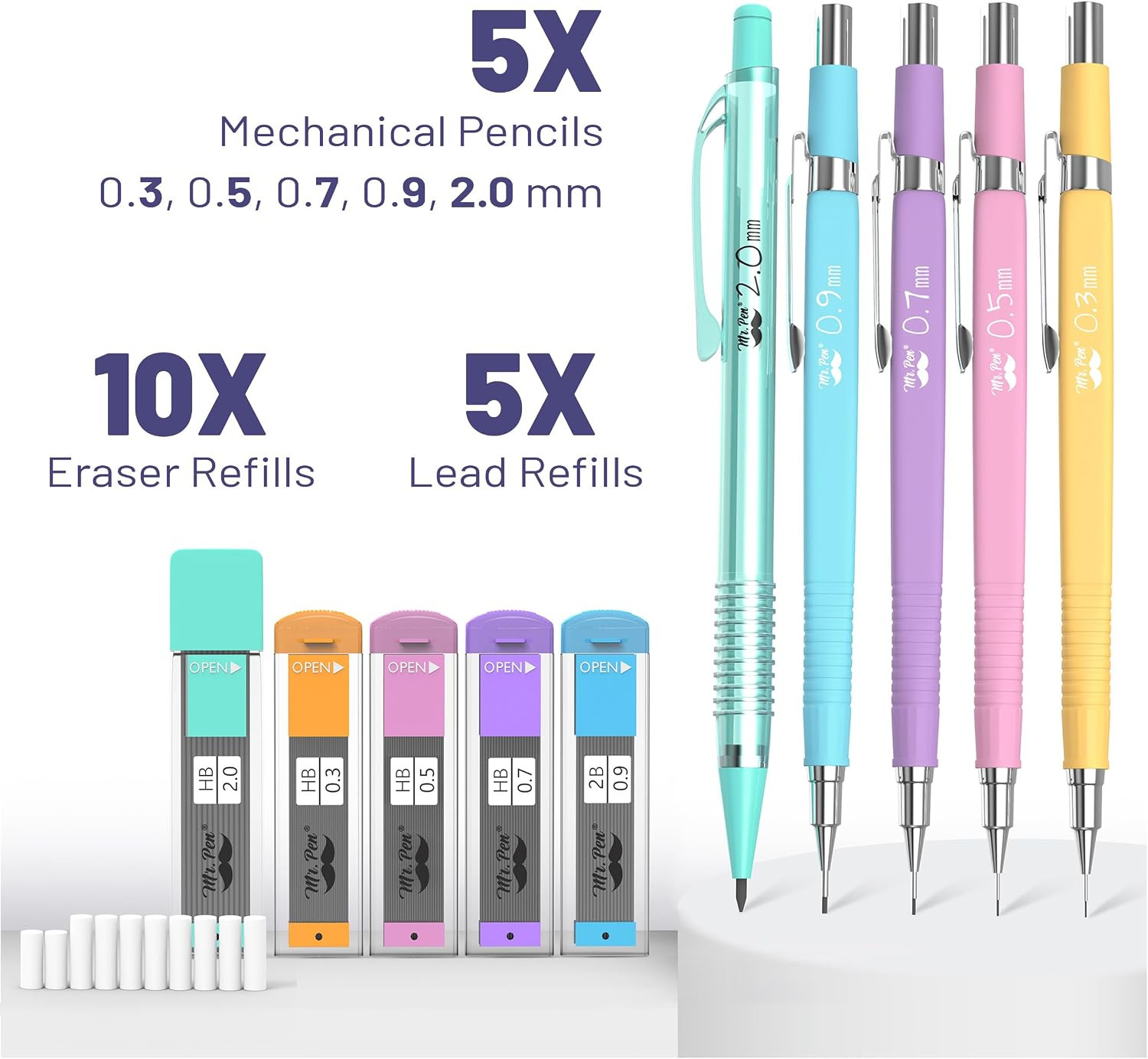 Mr. Pen- Pastel Mechanical Pencil Set, 5 Mechanical Pencils (0.3, 0.5, 0.7 | 0.9