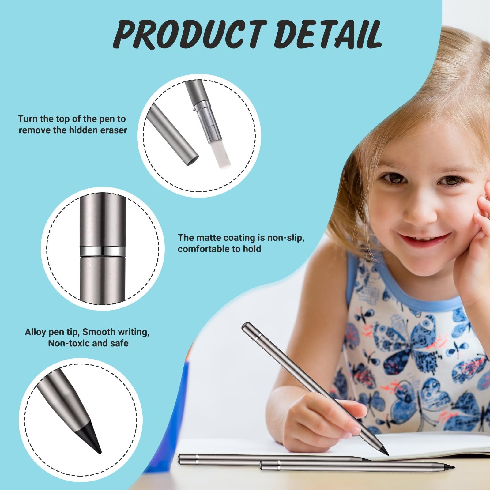 Metal Inkless Pen Inkless Erasable Aluminum Pencil with Eraser for Writing