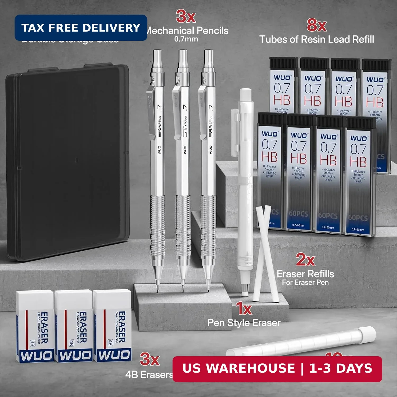 WUO Mechanical Pencils 0.7mm, 3 Silver Metal Drafting Pencils with 480 HB Lead R