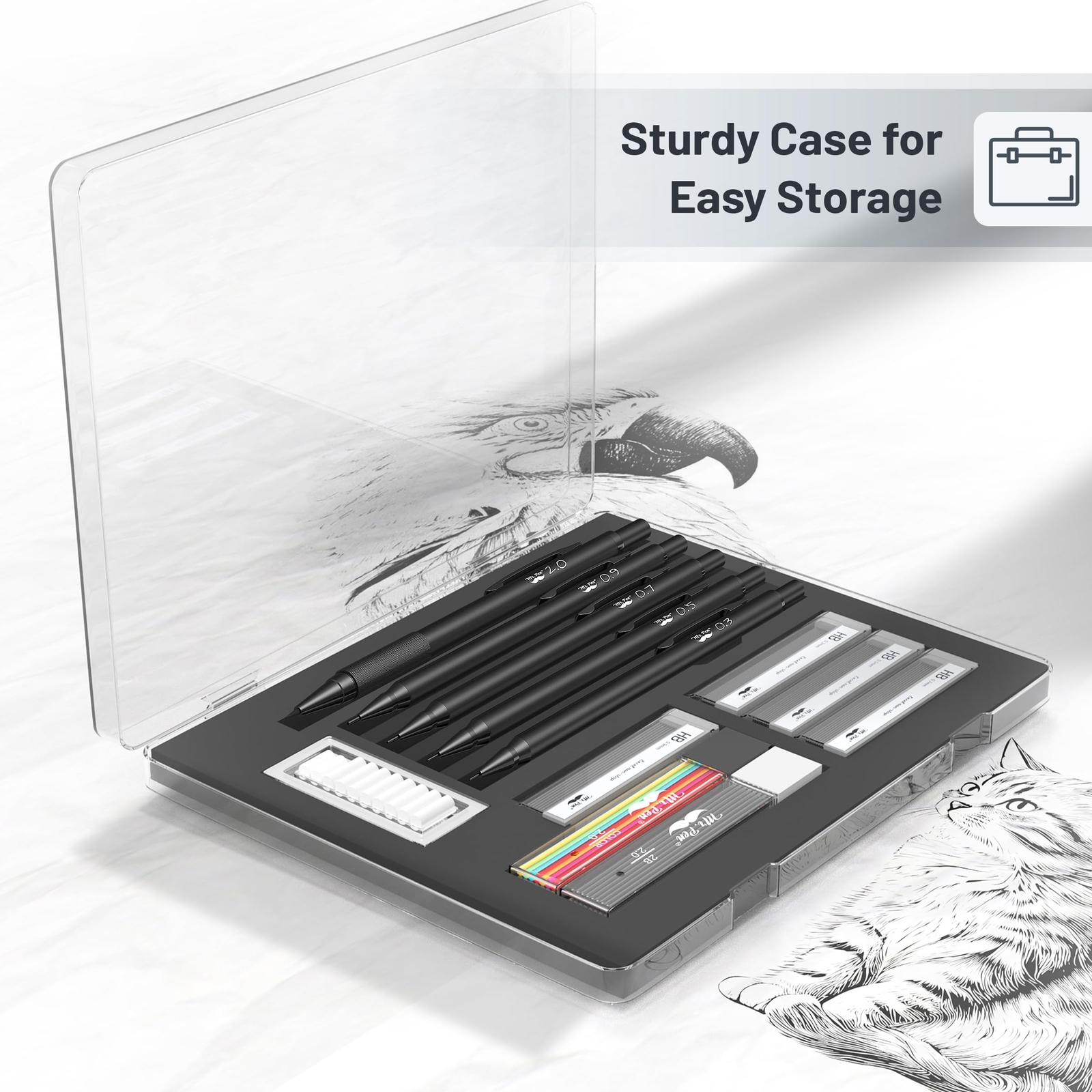 – Metal Mechanical Pencil Set with Lead and Eraser Refills 5 Sizes Black 0.3