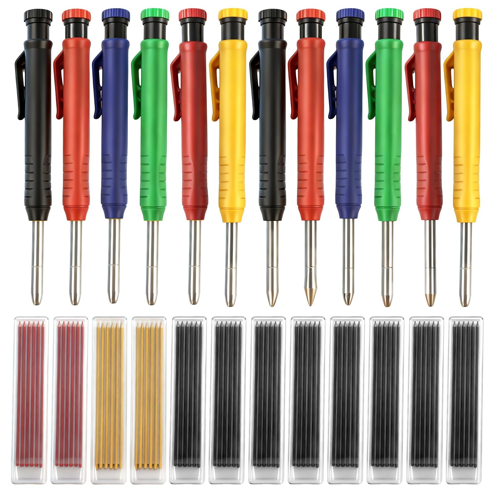 12 PCS Solid Carpenter Pencils Deep Hole Mechanical Marker 72 Refills 2.8mm