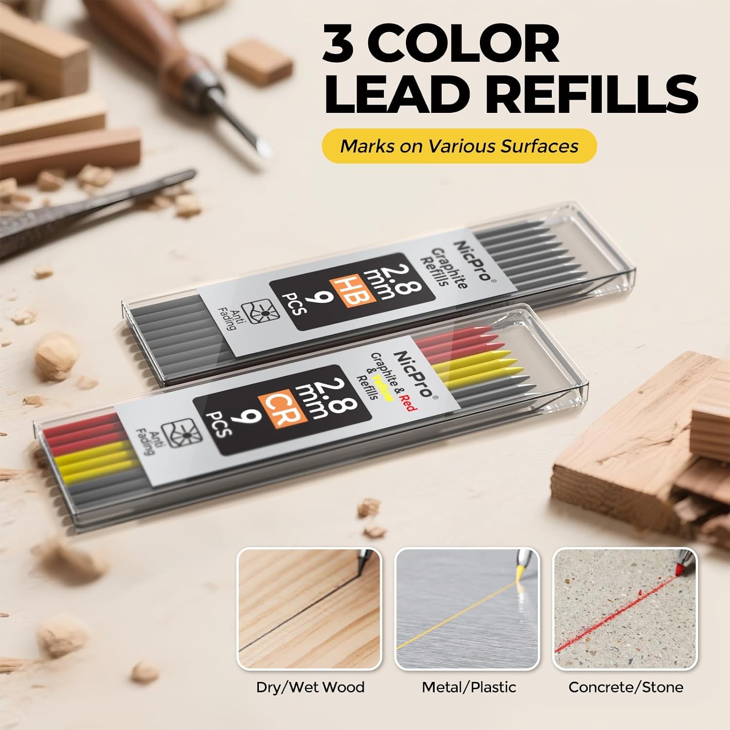 Nicpro CP3000 Carpenter Pencil with Sharpener, 2.8 mm Mechanical Pencils with 19