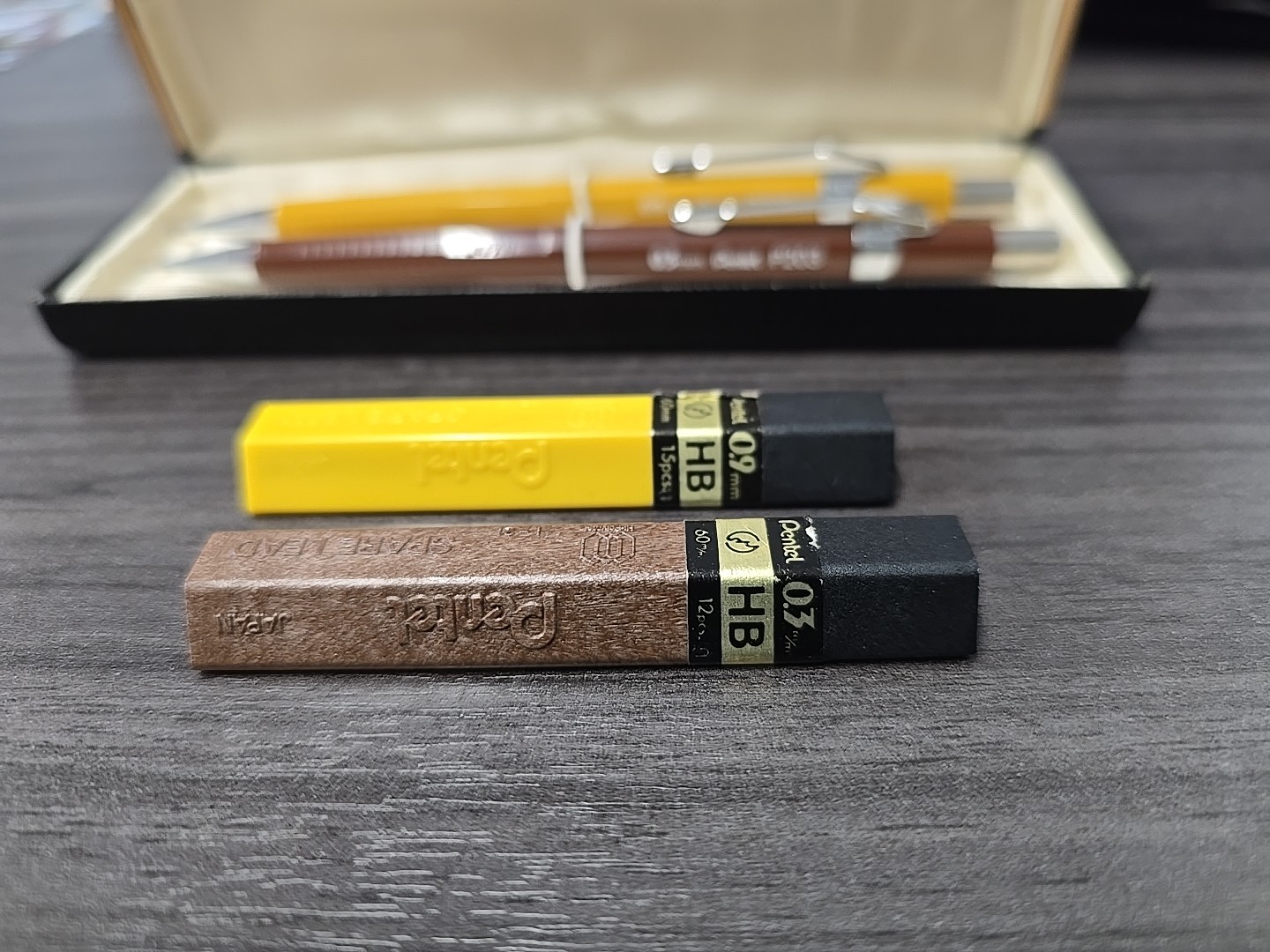 2 Vintage Pentel Mechanical Pencils P203 0.3mm Brown & P209 0.9mm Yellow & Case