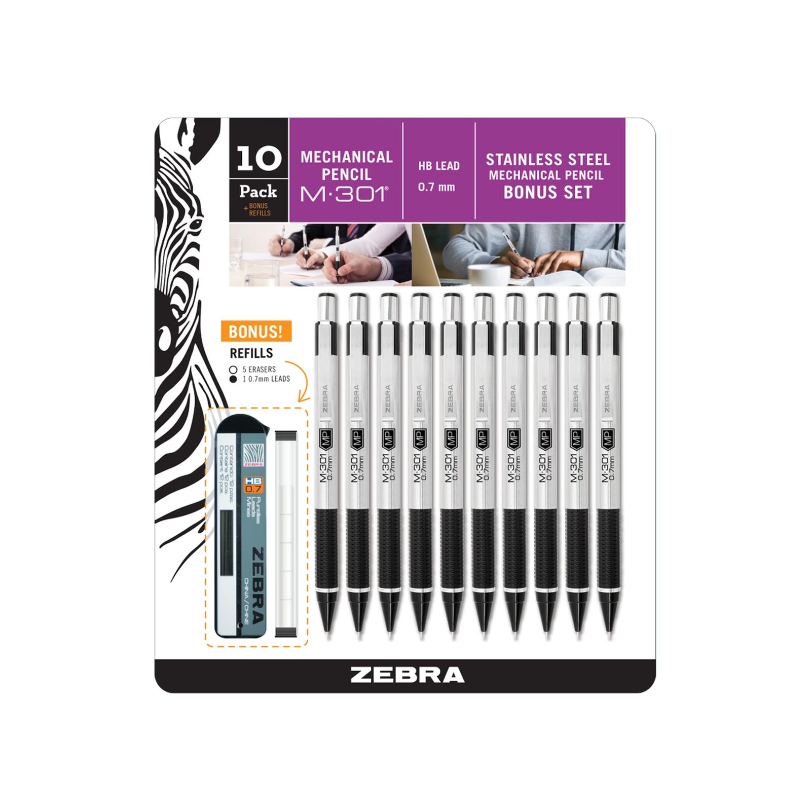 M-301 Stainless Steel Mechanical Pencils – 0.7mm, 10-Pack w/ Leads & Erasers