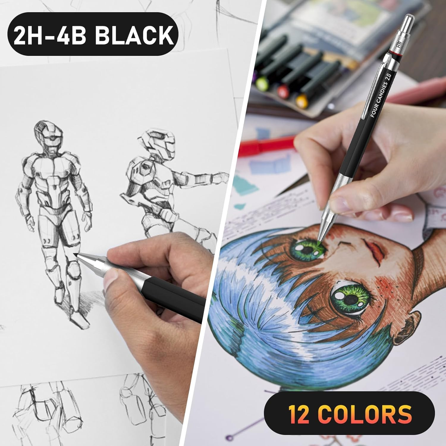2MM Mechanical Pencil Set with case, Artist Led Pencil Metal Lead Holder with 60