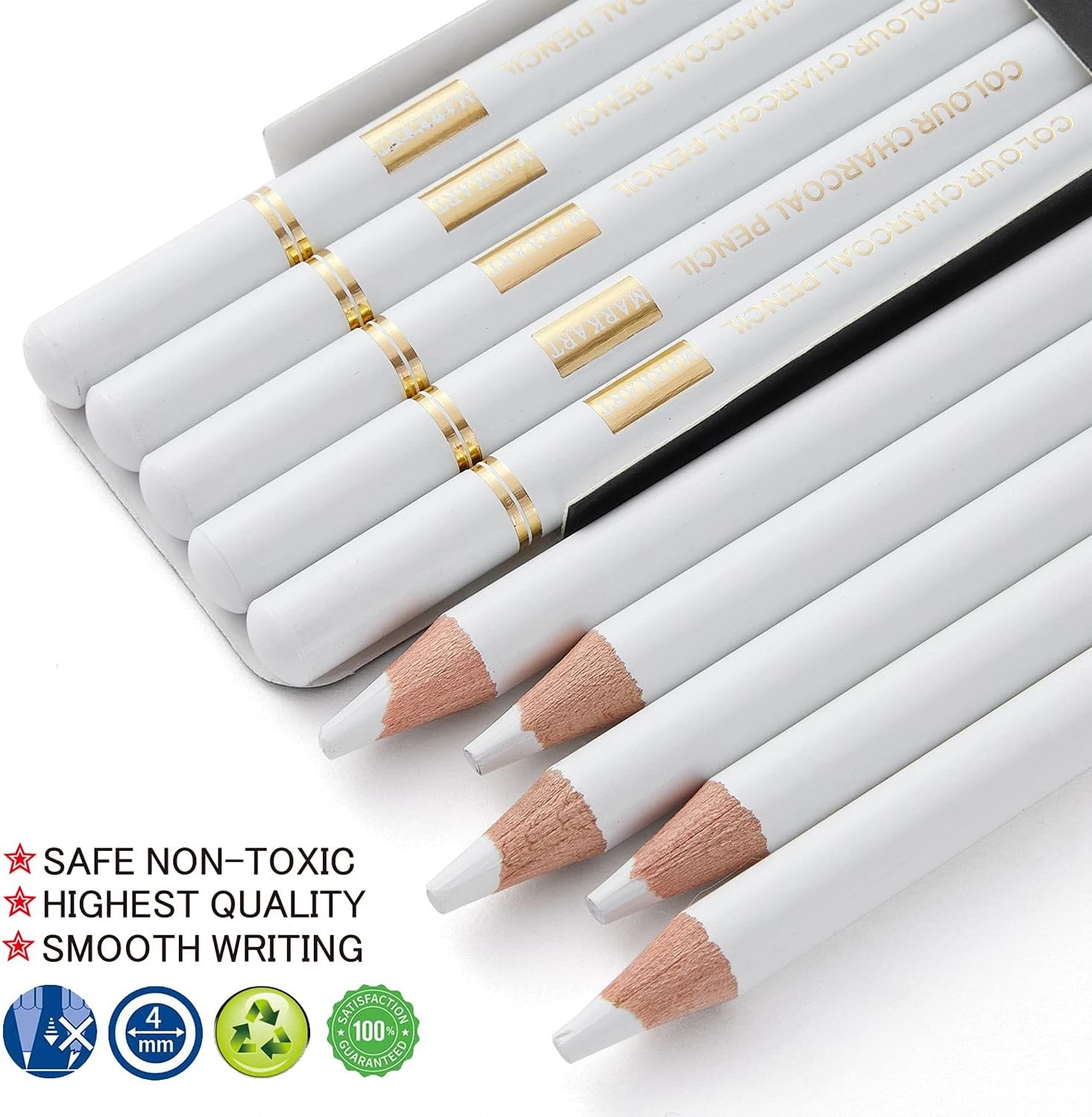 MARKART Professional White Charcoal Pencils Set, 5 5 Count (Pack of 1),