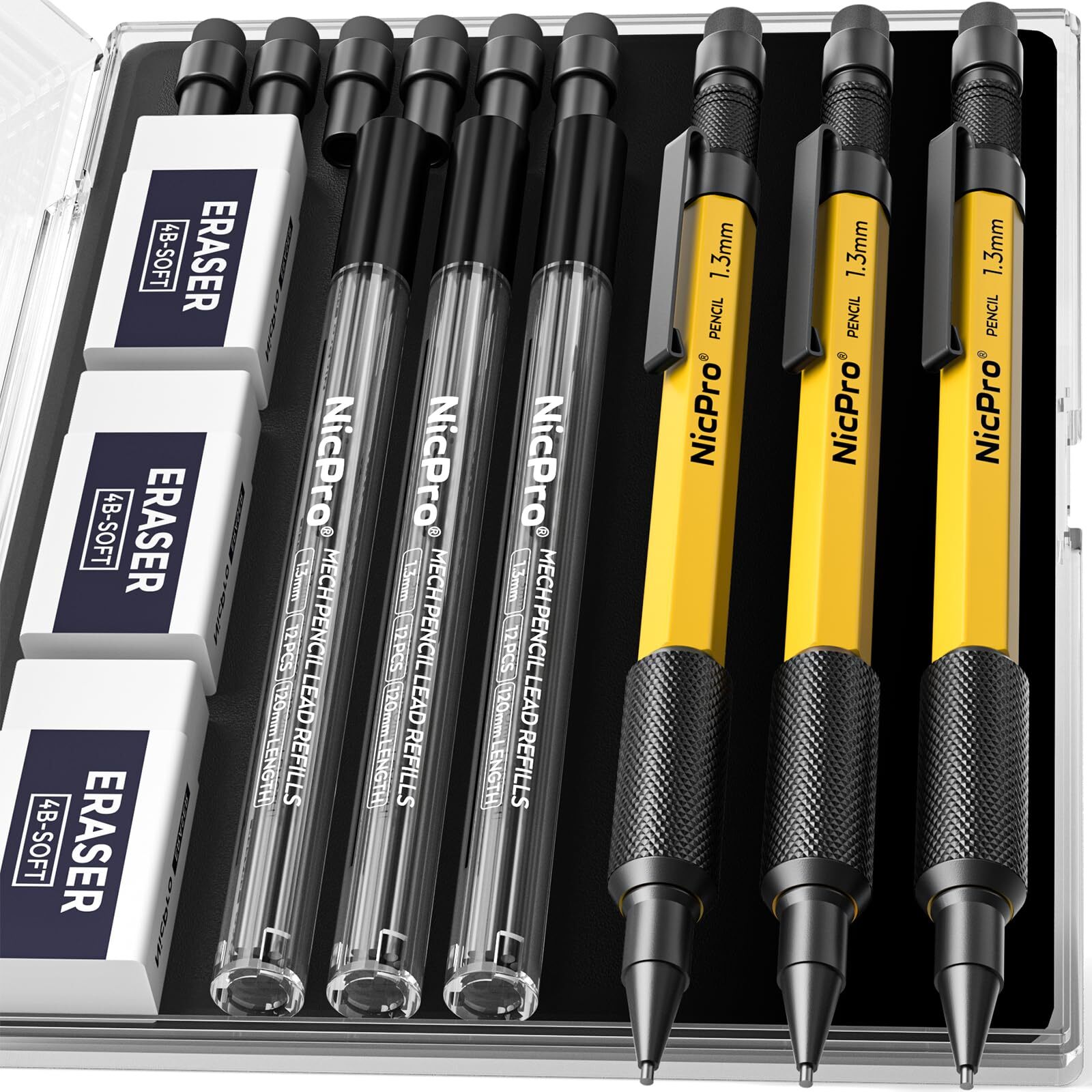 Nicpro 3 PCS 1.3 mm Mechanical Pencils Set with 36 Lead Refill 3 Eraser – Me…