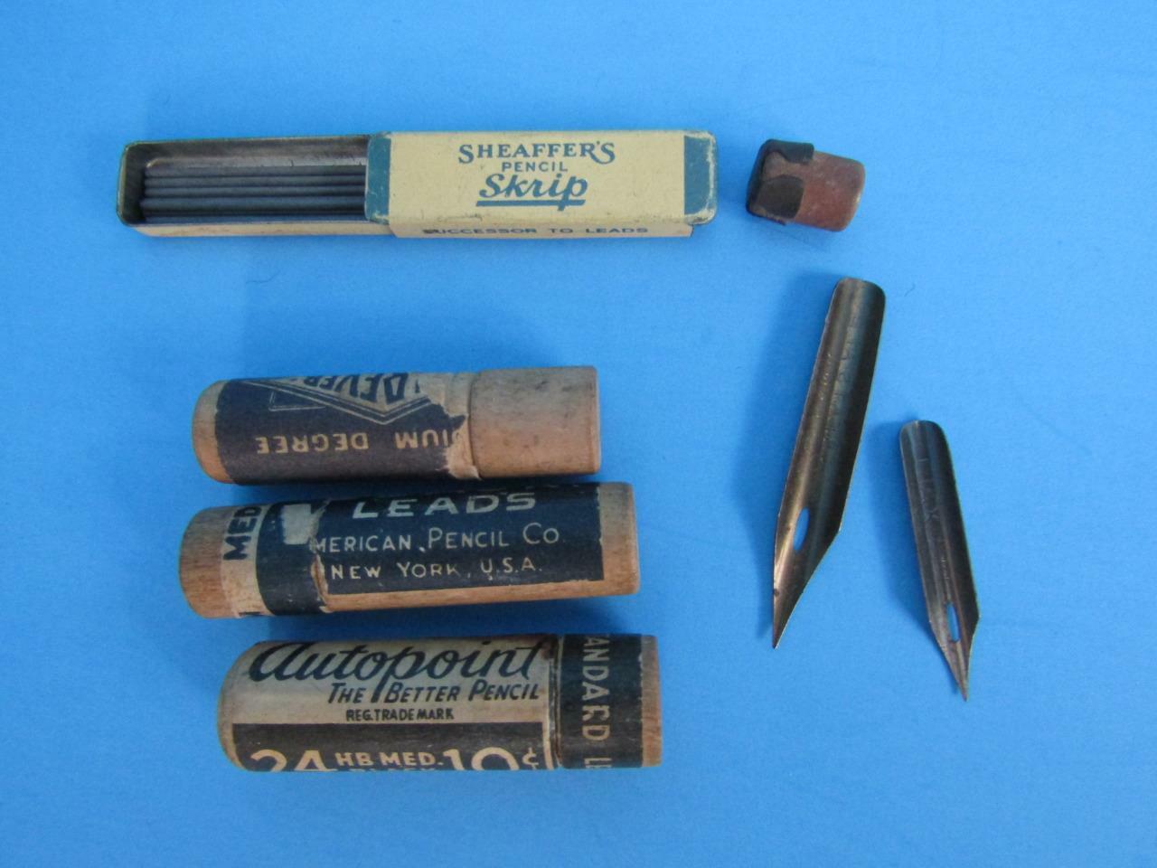 VINTAGE PENCIL LEAD IN WOOD CONTAINER + SCHAEFFERS SCRIPT LEAD IN TIN