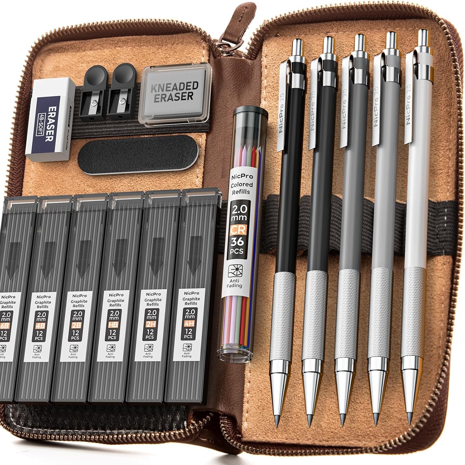 17PCS Metal Mechanical Pencil Set with Leather Case for Artists & Students