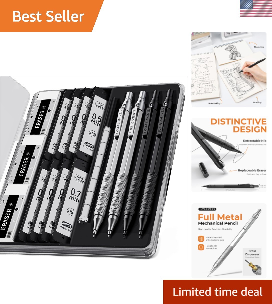4PCS Metal Mechanical Pencils Set with Case, 0.5mm & 0.7 mm Artist Pencil wit…