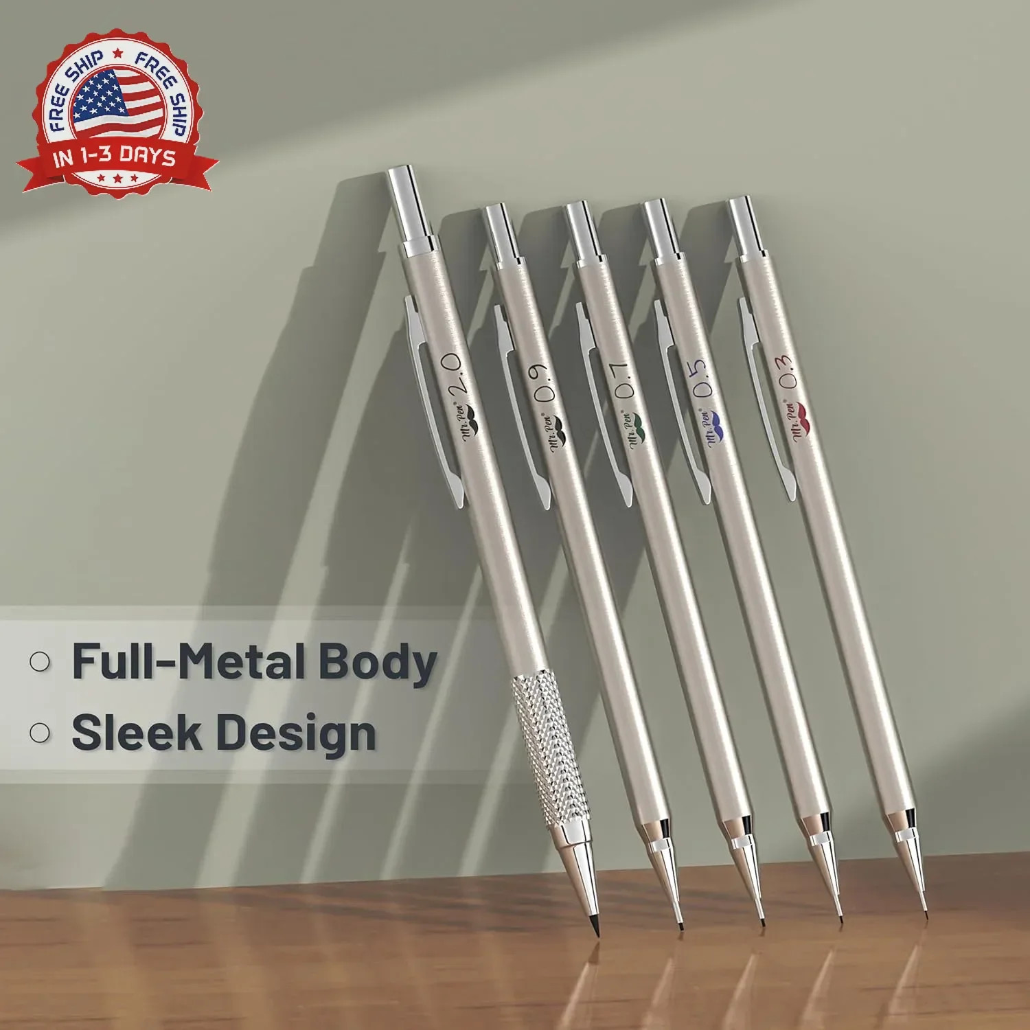 Mr. Pen- Metal Mechanical Pencil Set with Lead and Eraser Refills, 5 Sizes, 0.3,