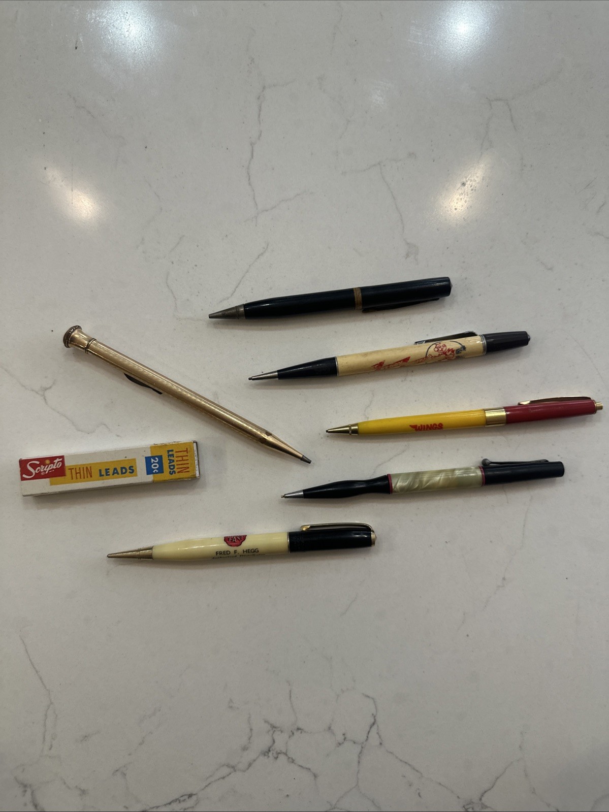 Lot Of 5 Vintage Advertisement Mechanical Pencils + Scripto Thin Blue Leads