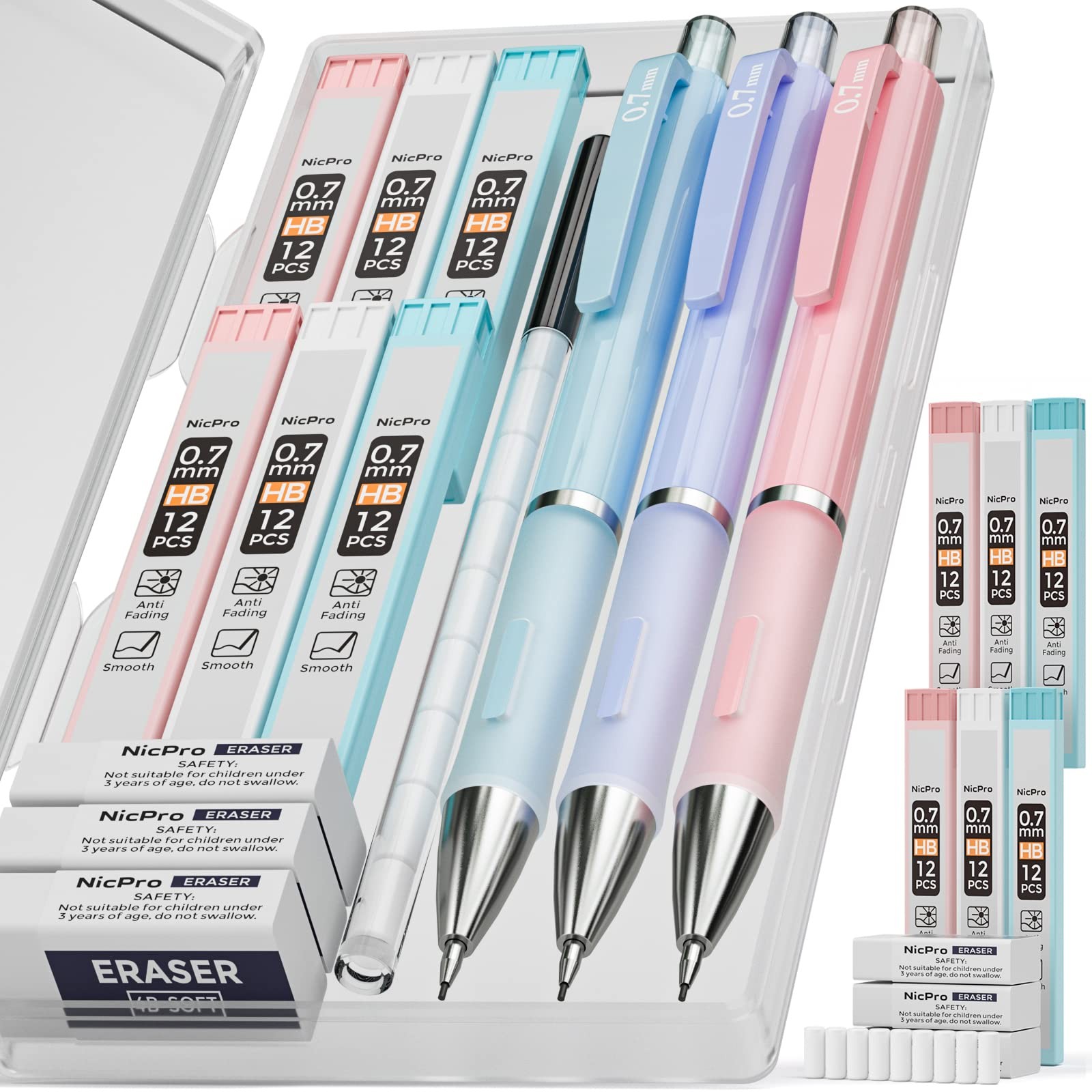 Nicpro 3PCS Cute Mechanical Pencil Set with Case, 0.7 0.7, Blue, Pink, Purple