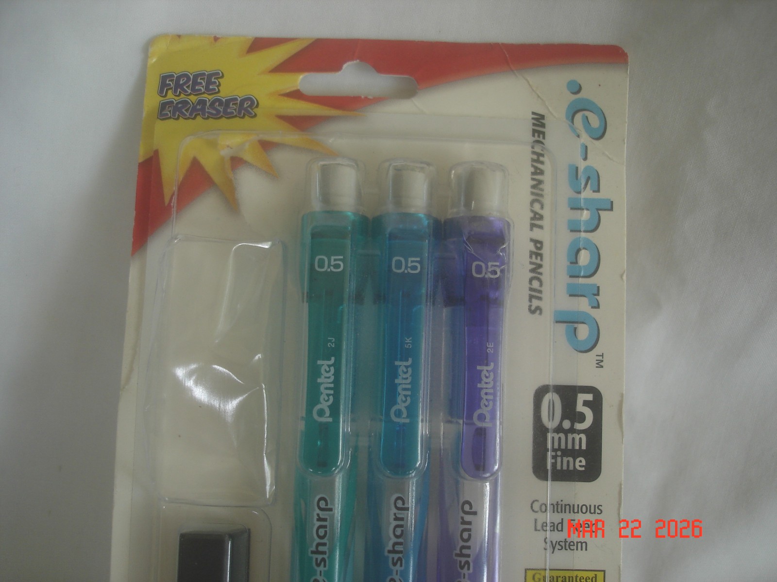 NEW in PKG. 3 PENTEL e-SHARP 0.5mm MECHANICAL PENCILS & TUBE 12 LEADS No ERASER