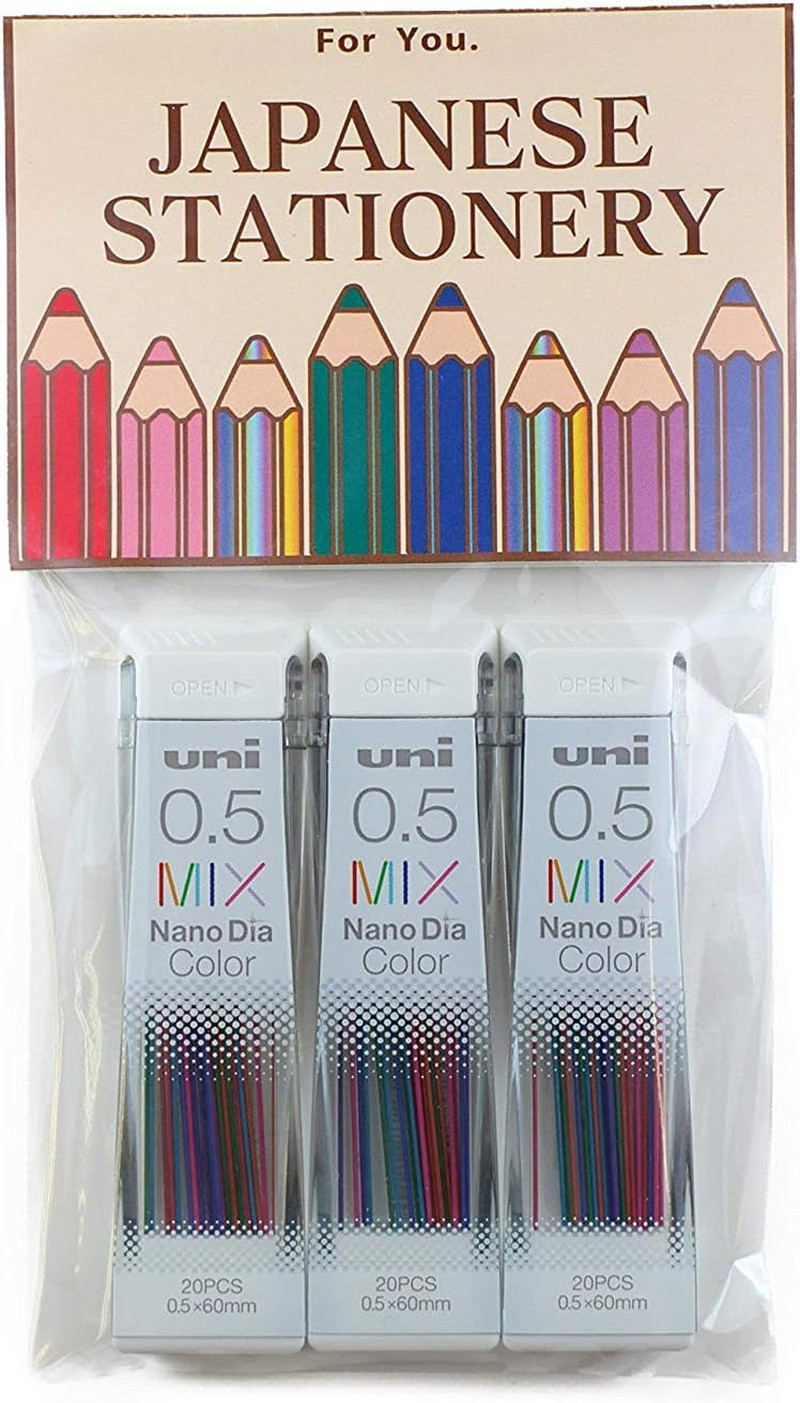 Uni Mechanical Pencil Lead Nano Dia 0.5Mm, Color Mix, 20 Leads X 3 Packs (Total
