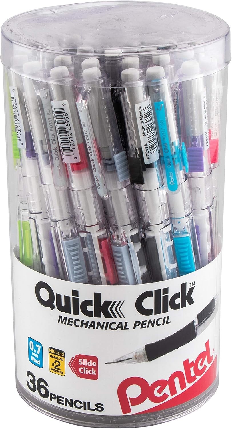Vibrant Assorted Quick Click Mechanical Pencils 0.7mm – 36 Count Canister