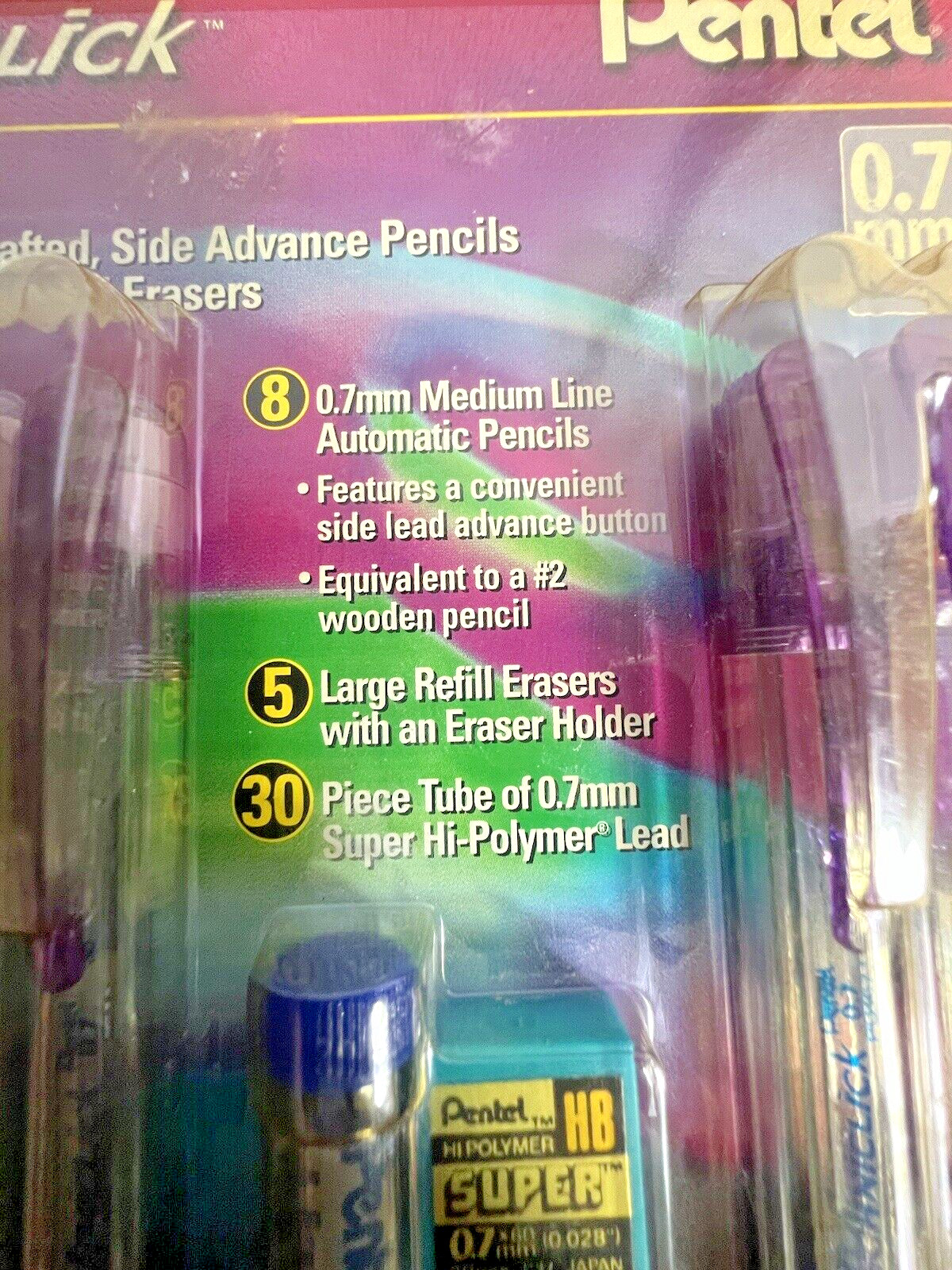 8 Pack Pentel Techniclick 0.7mm Mechanical Pencils PD107T Lead Erasers
