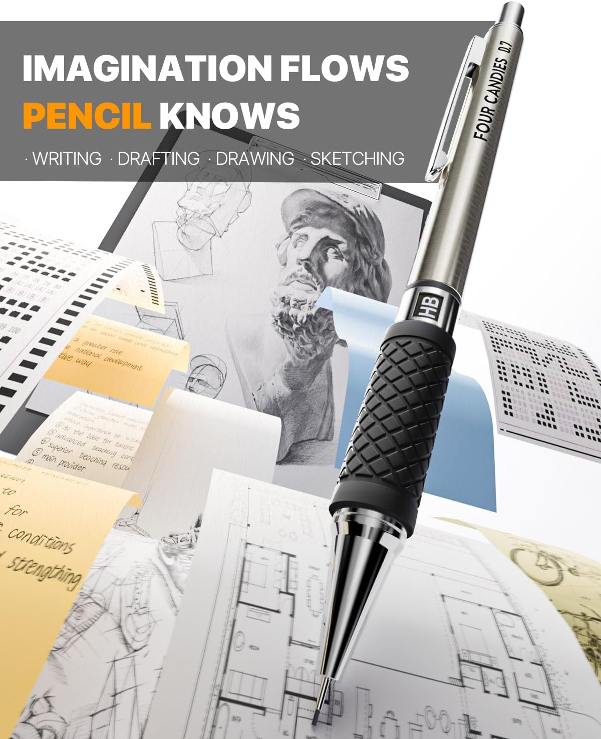 6PCS Metal Mechanical Pencil Set with 0.7Mm Medium Point, 360 Leads, 12 Erasers,