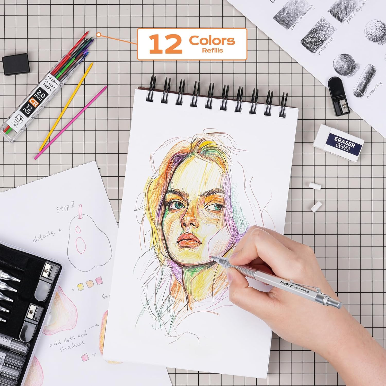 35PCS Silver Metal Mechanical Pencils Set in Case, Art Drafting Pencil 0.5, 0.7,