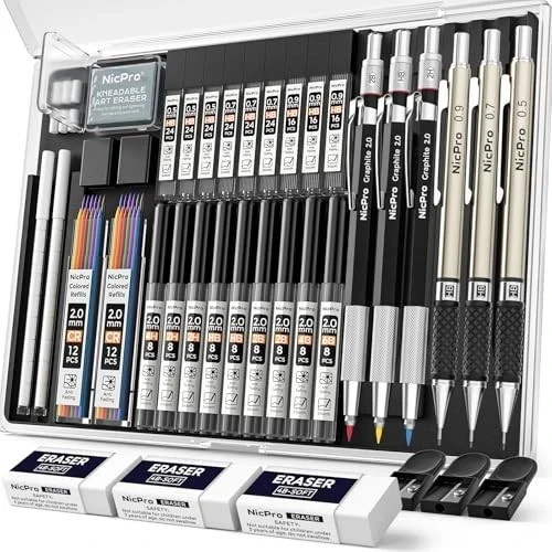 35PCS Art Mechanical Pencils Set, 3 PCS Metal Drafting Pencil 0.5 mm & 0.7 mm &