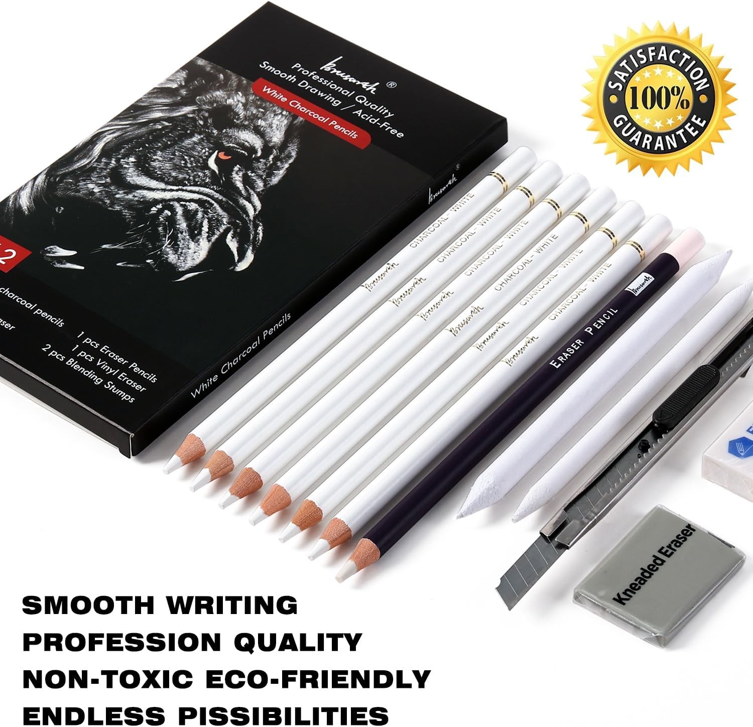 White Charcoal Pencils Set – 12 Piece Sketch Highlight