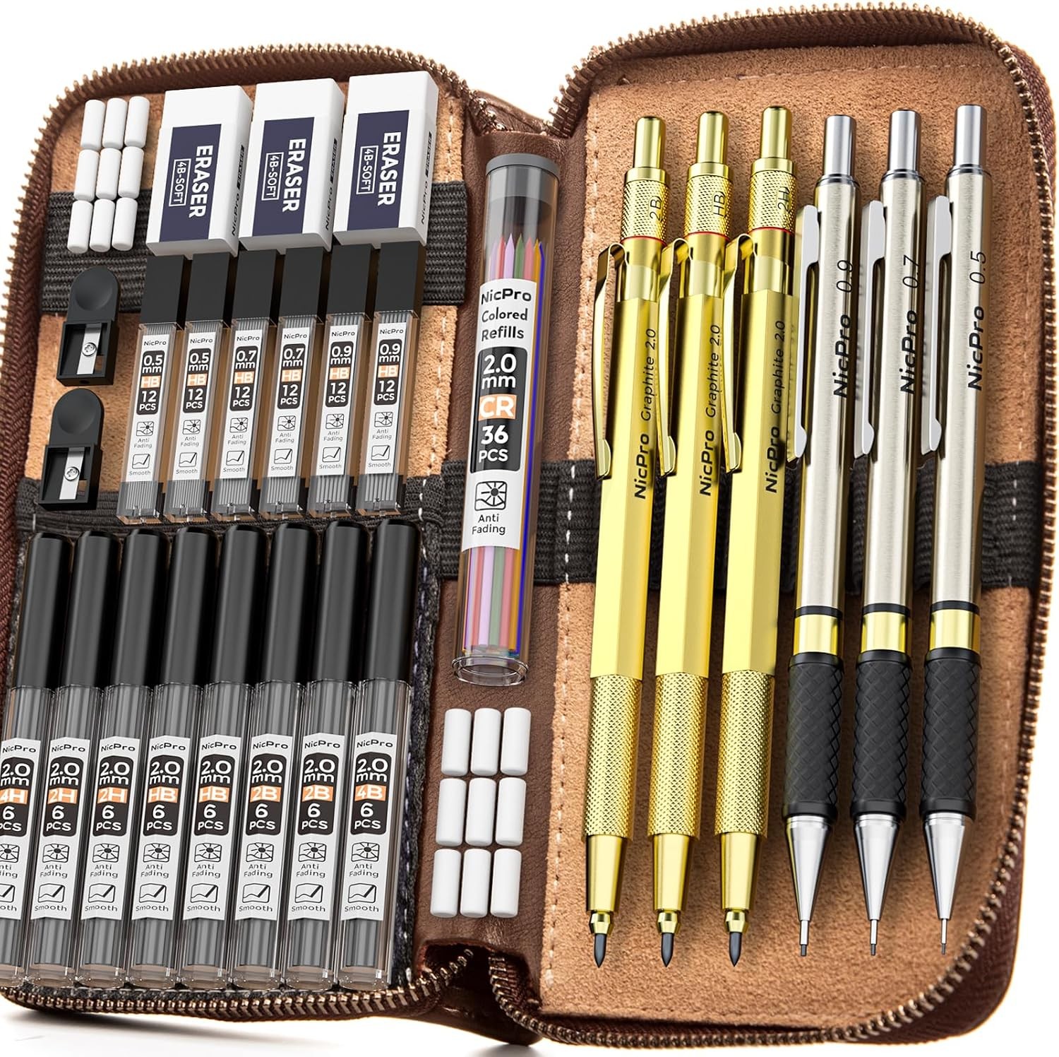 30PCS Art Mechanical Pencils Set in Leather Case, Gold Metal Drafting Pen