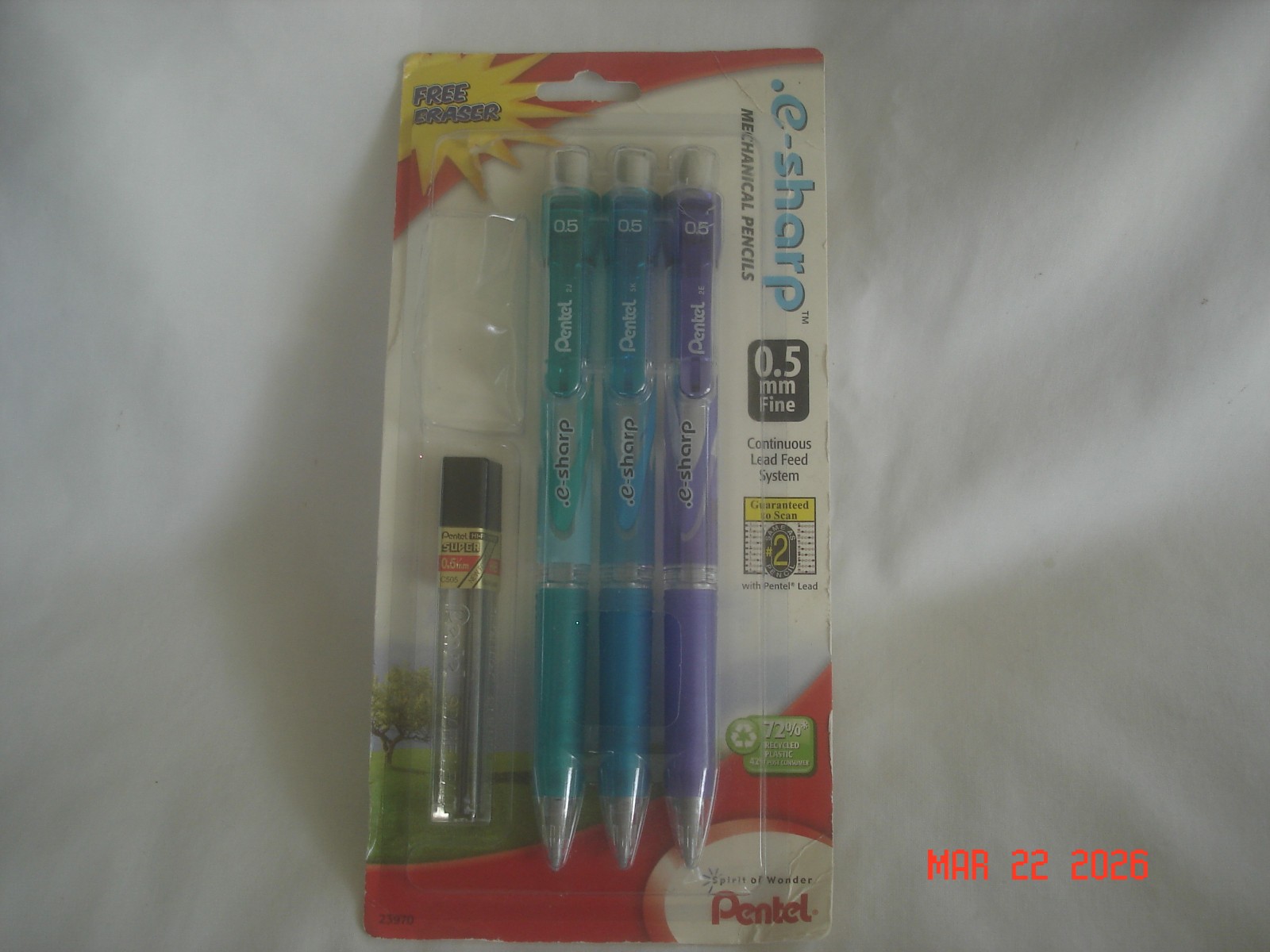 NEW in PKG. 3 PENTEL e-SHARP 0.5mm MECHANICAL PENCILS & TUBE 12 LEADS No ERASER