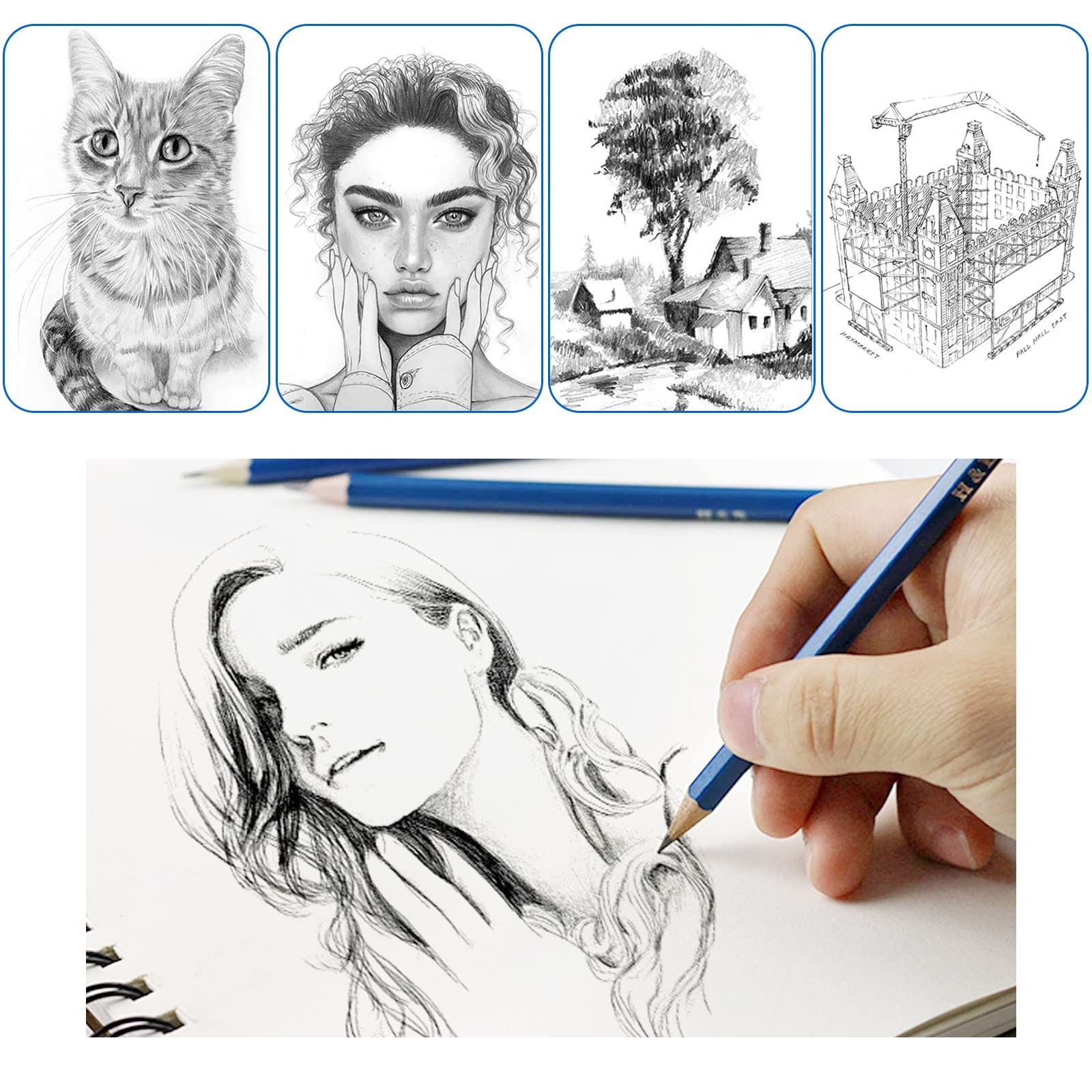 H & B 12 PCS Pencil Drawing Kit, H-4H, F, HB, 12 Count (Pack of 1), Graphite