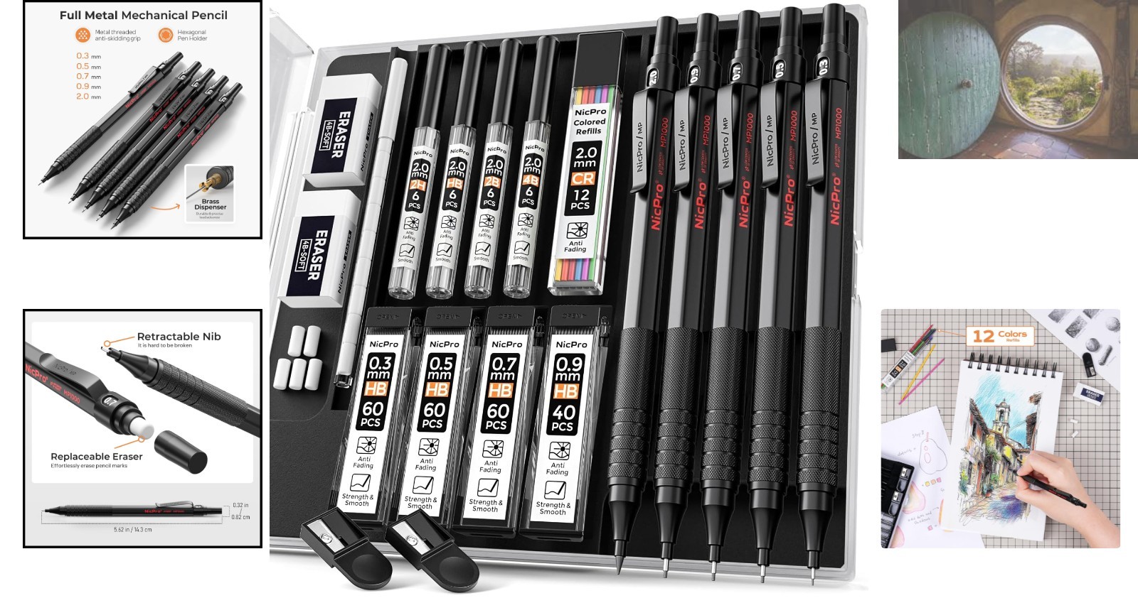 5PCS Black Metal Mechanical Pencil Set with Lead Refills for Artists & Engineers