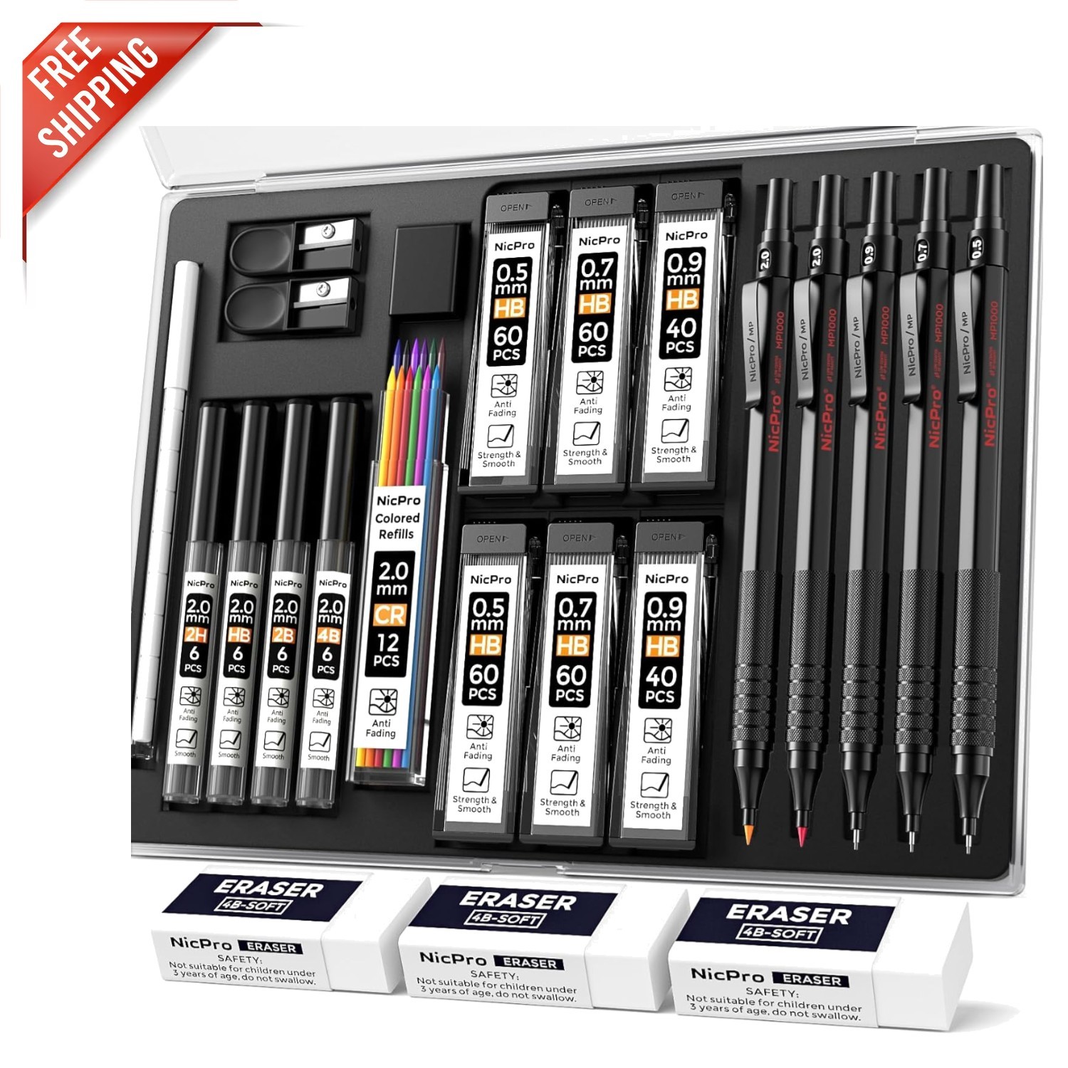 Black Metal Drafting Pencil Set – 22PCS with Ergonomic Grip & 4 Hardness Levels