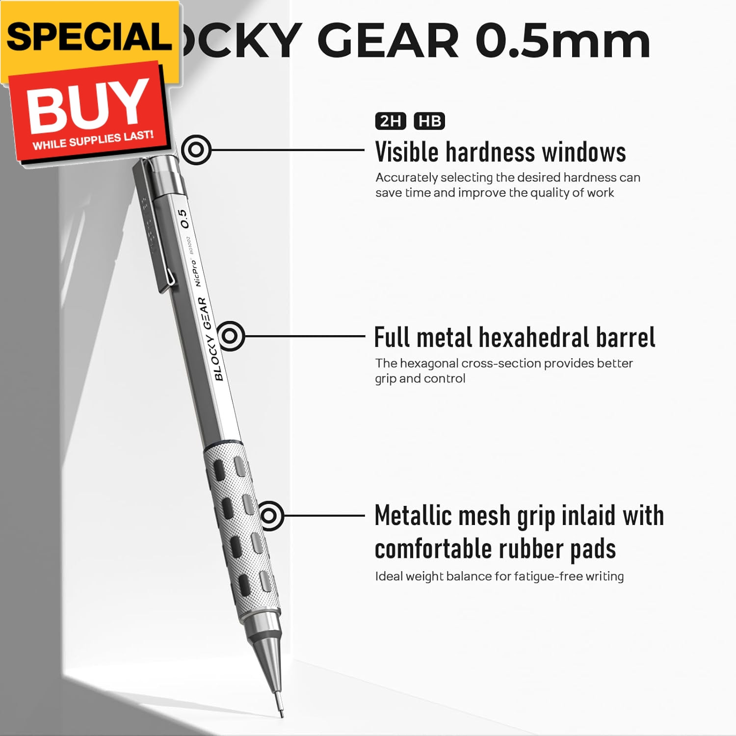 3 Pack Blocky Gear 0.5 mm Metal Mechanical Pencils Set with Case, Lead Drafting