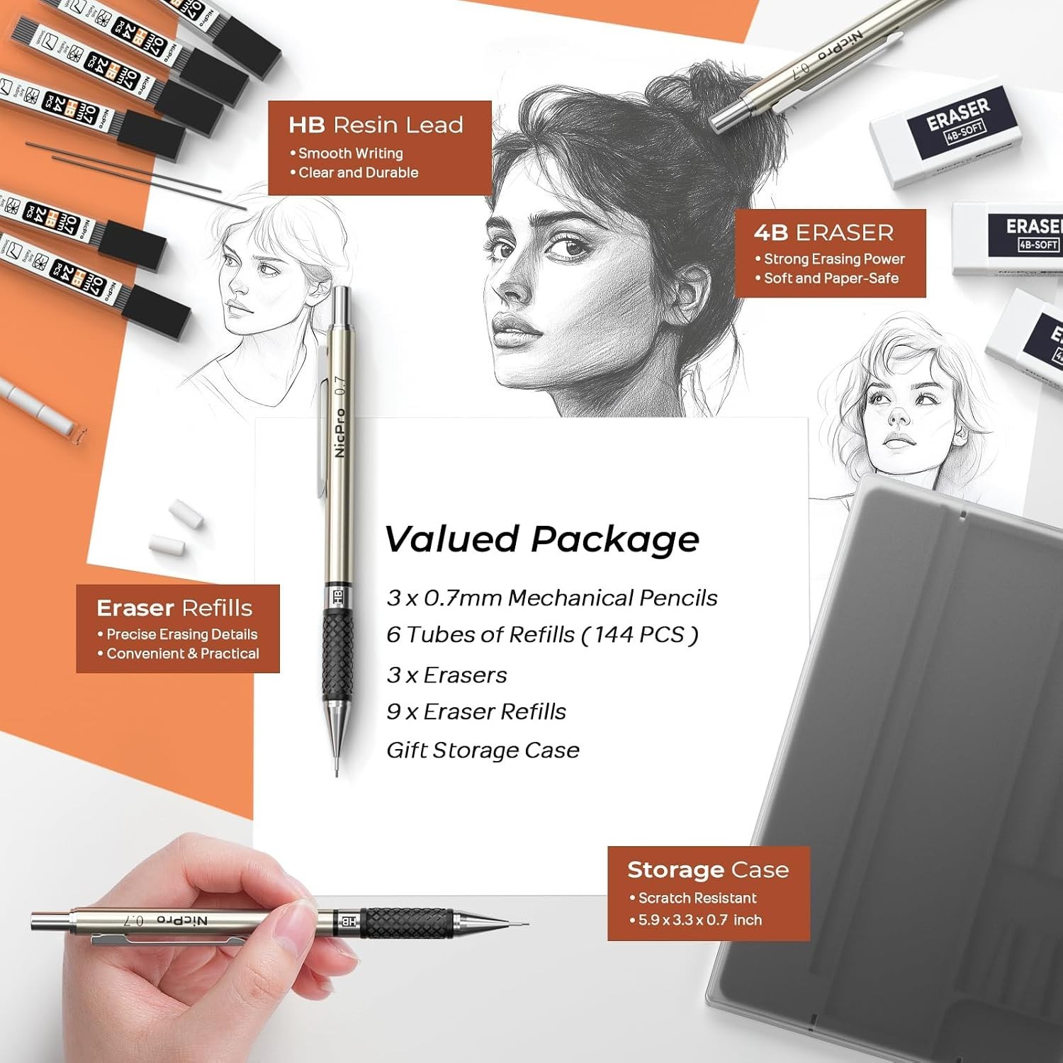 Mechanical Pencil Set with Erasers, Lead Refills – 0.7mm Comfort Grip