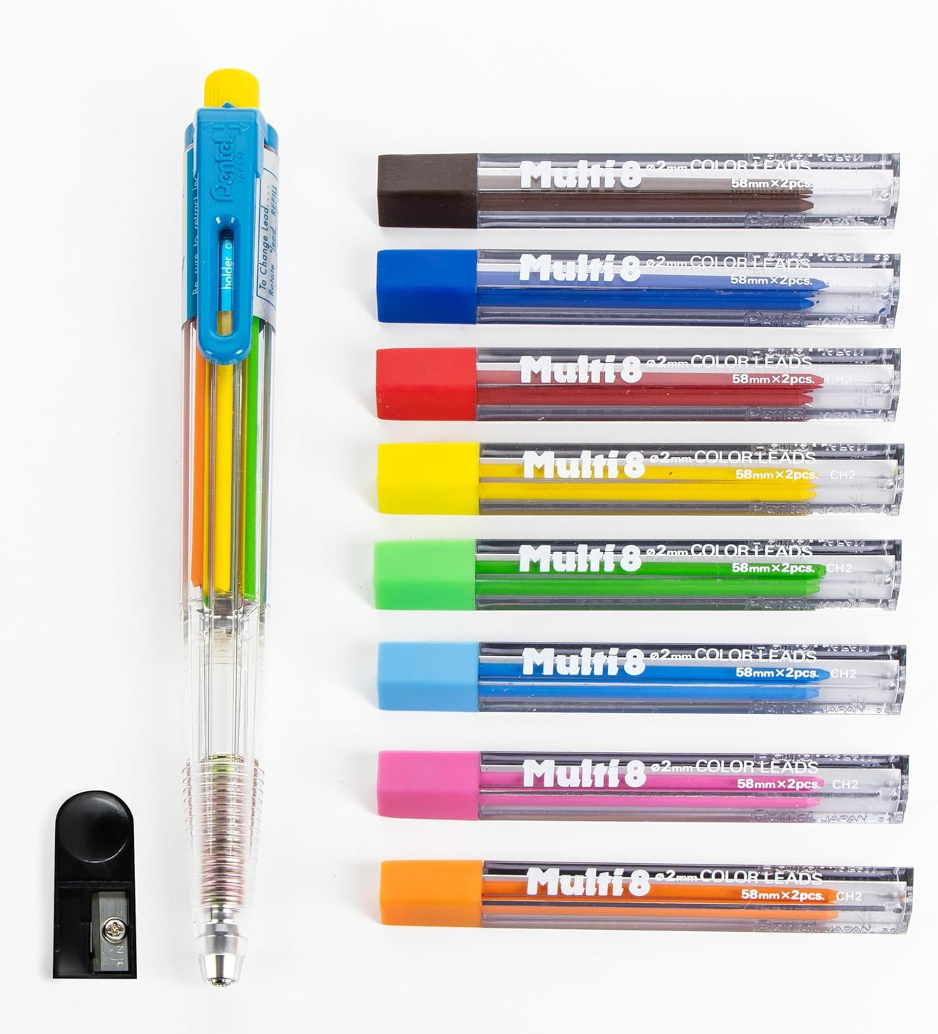 8 Color Automatic Pencil Box Set, Assorted Accent Clip Colors, 8 Color Lead Refi