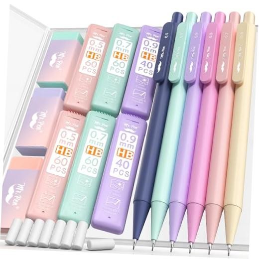 – Pastel Mechanical Pencil Set with Lead Refills & Erasers, 6 Pack | 3 Sizes,