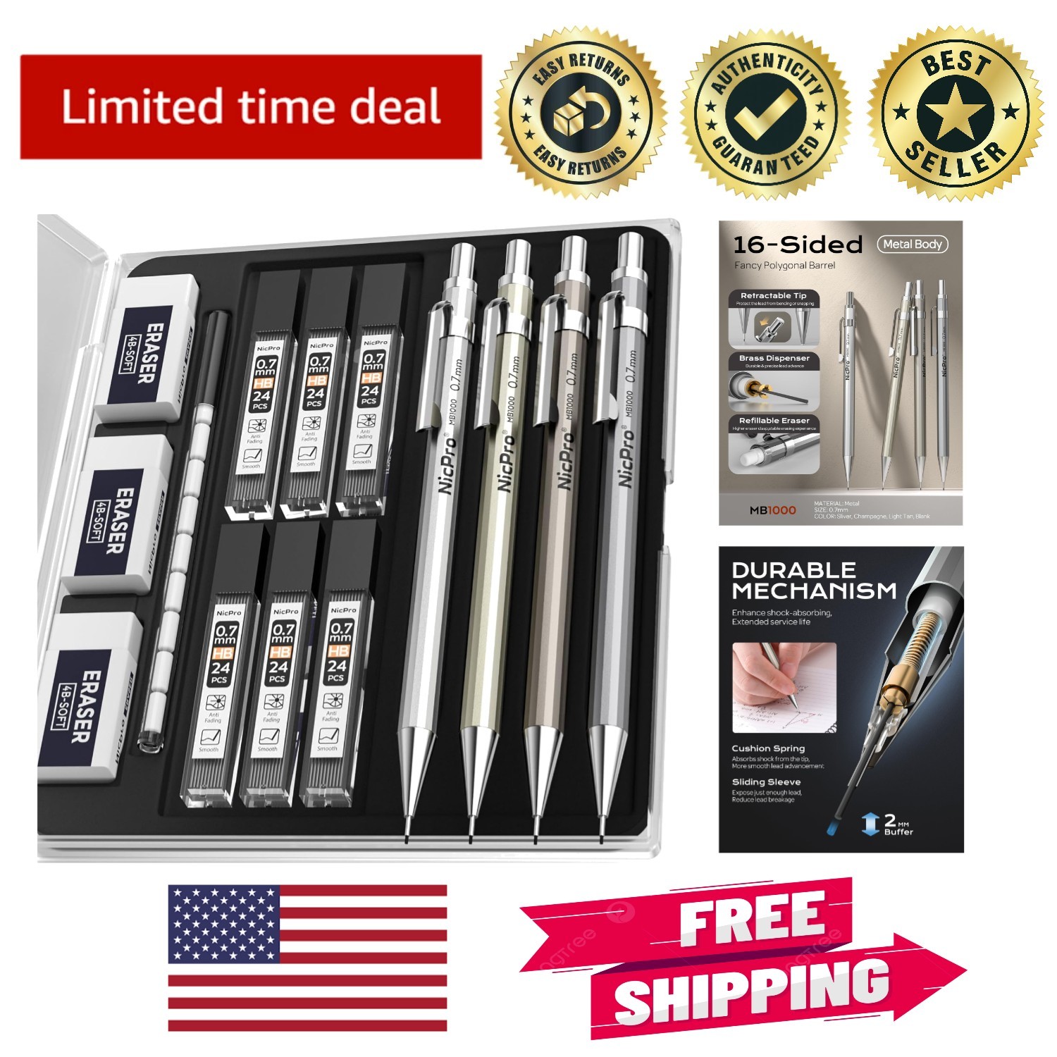 Professional 4 Pack Mechanical Pencils 0.7mm – Ideal for Drafting & Sketching