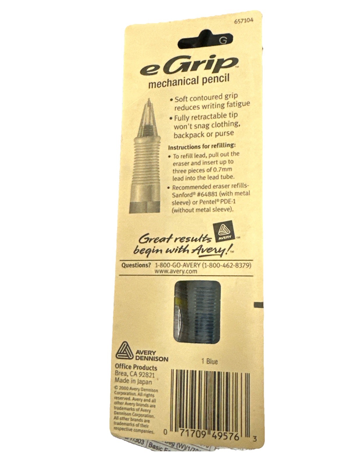 Avery eGrip Mechanical Pencil Refillable 0.7mm Blue Discontinued Brand New FS