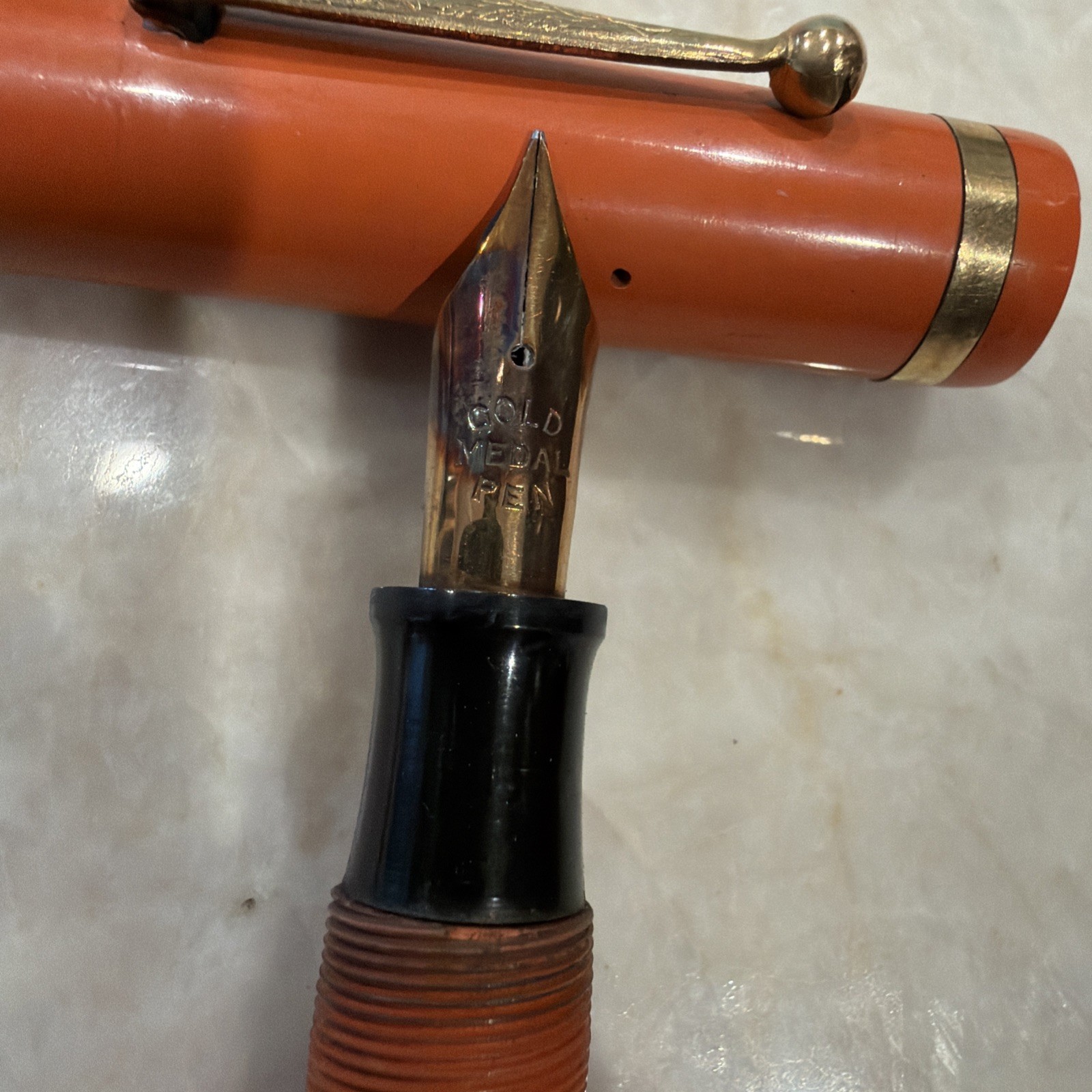 Gold Medal Vintage Red Orange Hard Rubber Pencil And Oversized Fountain Pen Set