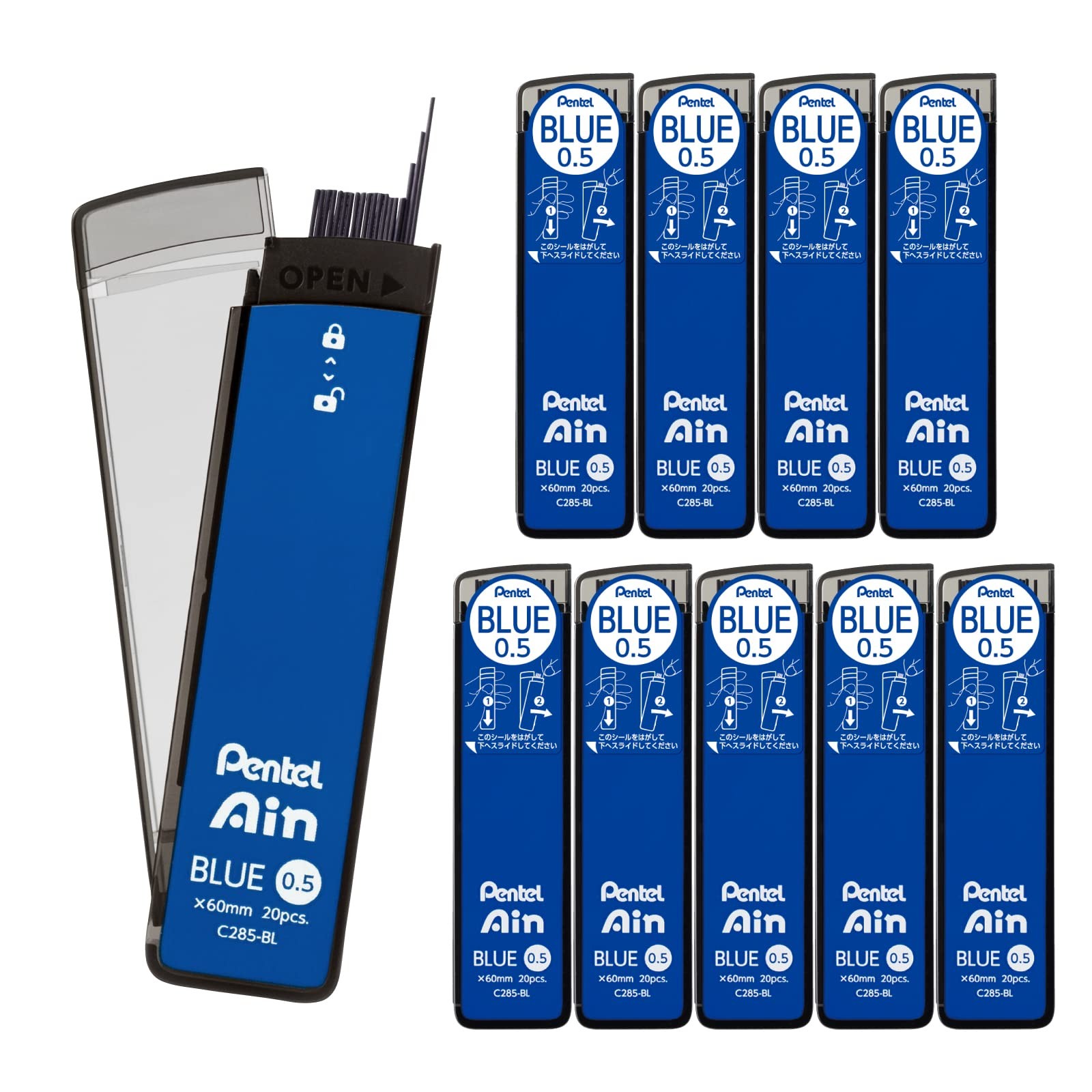 Pentel Ain Mechanical Lead, 0.02 inches (0.5 mm), Blue, 10 Pieces C285-BL