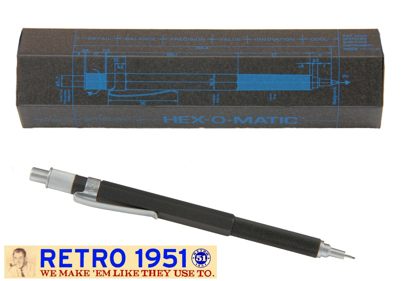 Retro 51 / Hex-o-matic Series Black 7mm Lead Pencil #HEX-601P