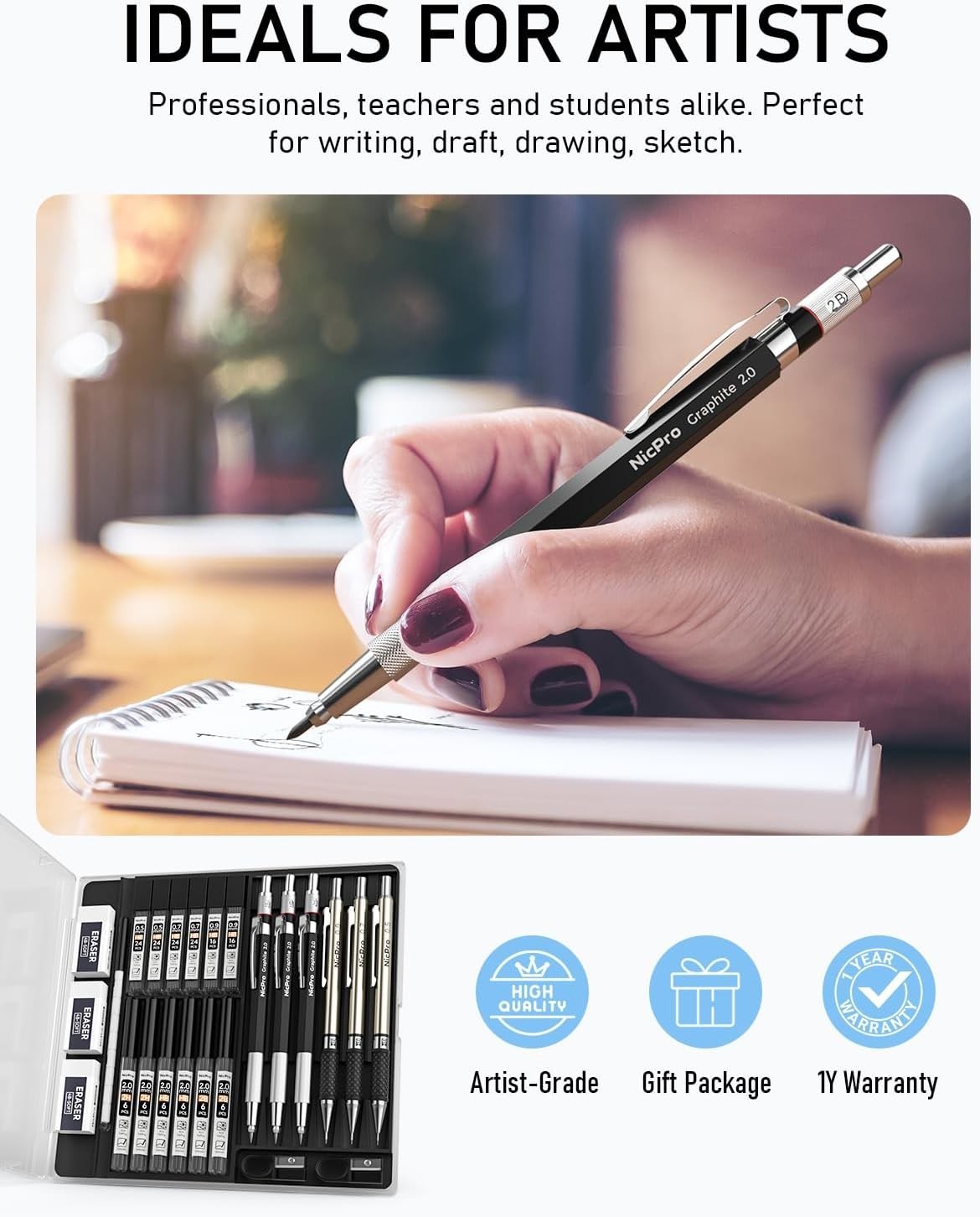 Versatile Drafting Pencil Set – 6PCS with 12 Lead Refills, Ideal for Sketching
