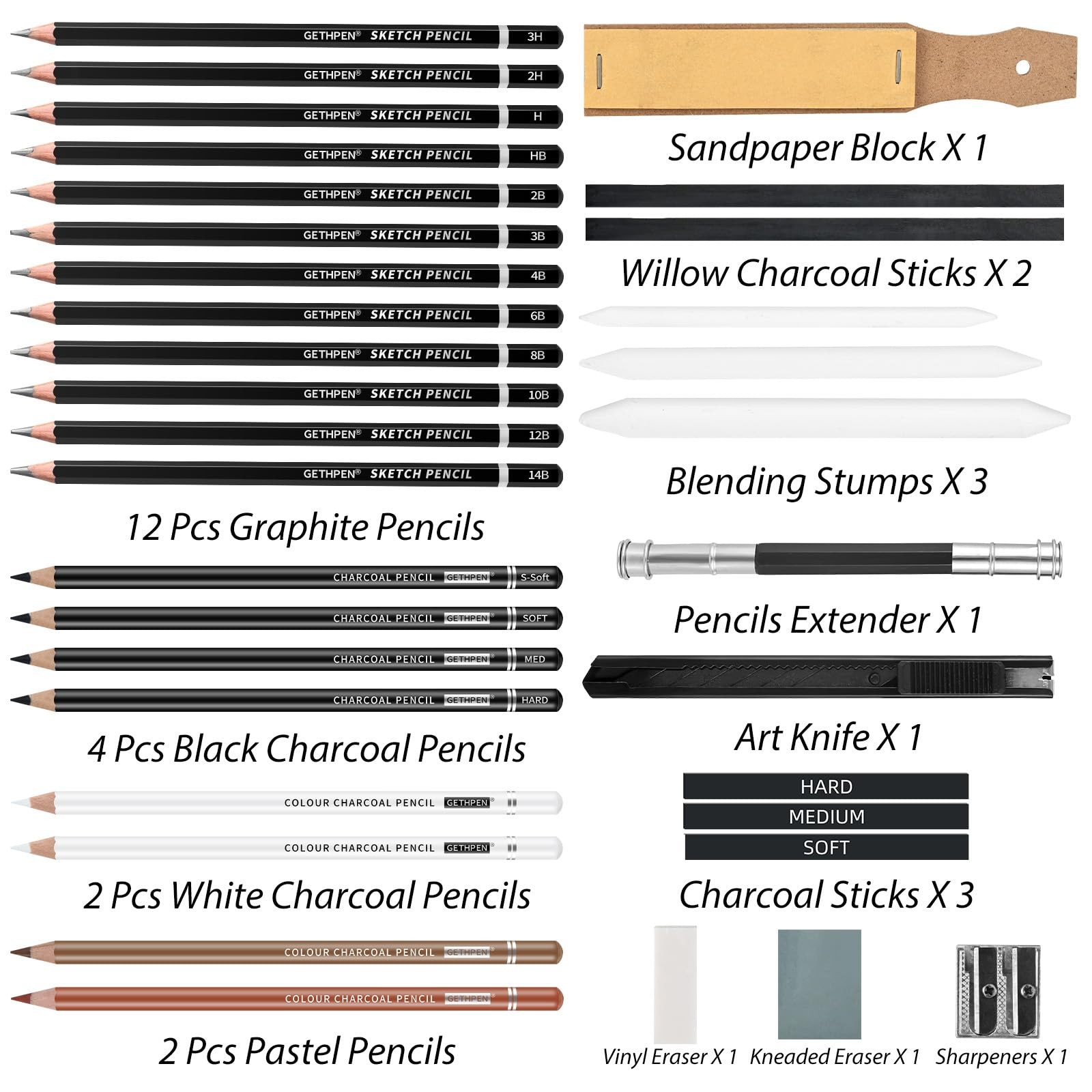 GETHPEN Sketch Pencils for Drawing,34 1 Count (Pack of 34), 34 Pack – Black
