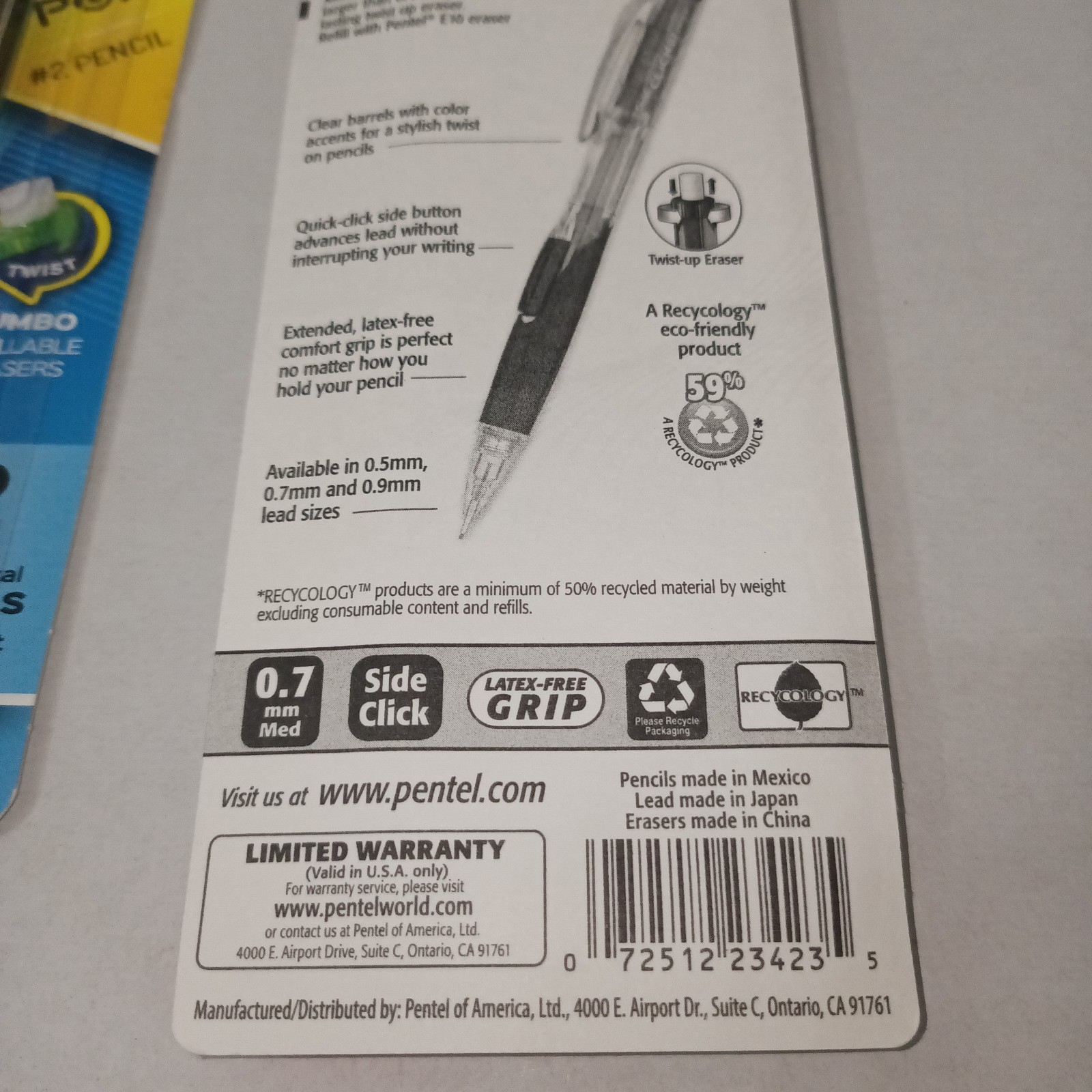 Lot Of 2 Pack Of 2 Mechanical Pencils Each With Erasers And Refills .7mm Pentel
