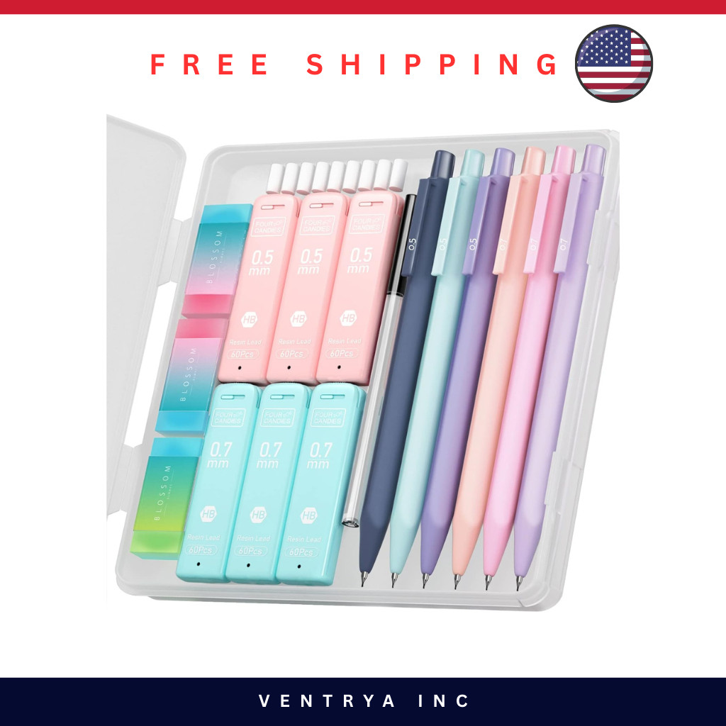 Four Candies 6PCS Pastel Mechanical Pencil Set 0.5 & 0.7mm with 360 HB Leads